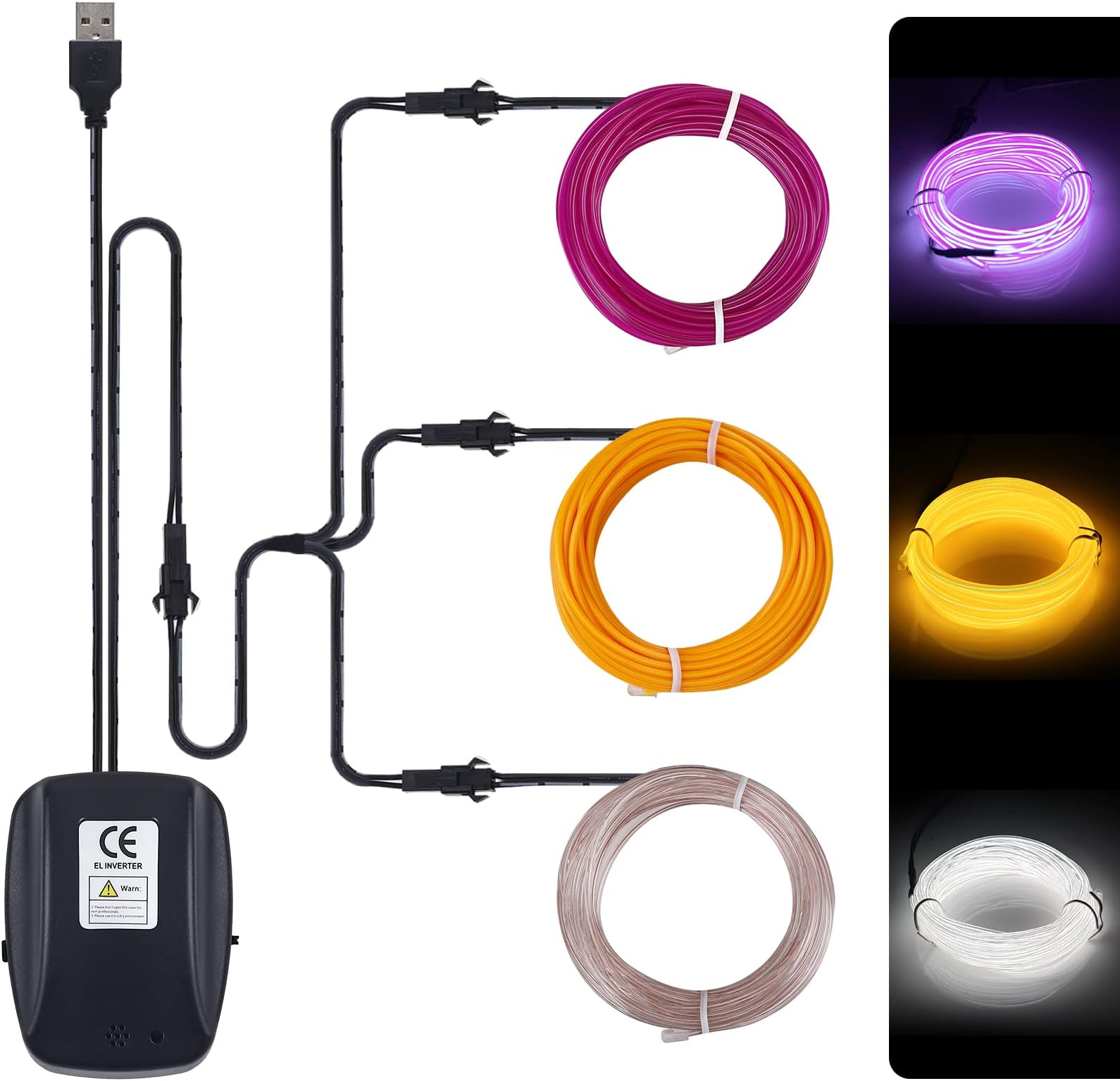 JIGUOOR USB EL Wire 49.21ft/15m (5mx3) Bright Neon Light Strip 360°Illumination Neon Tube Music Sync Rhythm Rope Lights for DIY,Festival,Party Decoration,Halloween,Chrismas