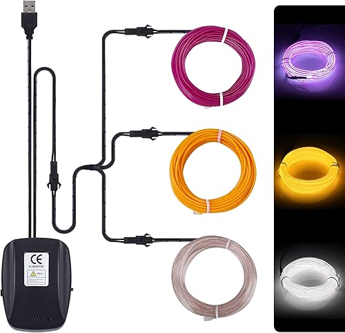 JIGUOOR Cable USB EL de 49.21 pies49.2 ft (5 mx3) Tira de luz de neón brillante de 360 de iluminación, tubo de neón de sincronización de música,