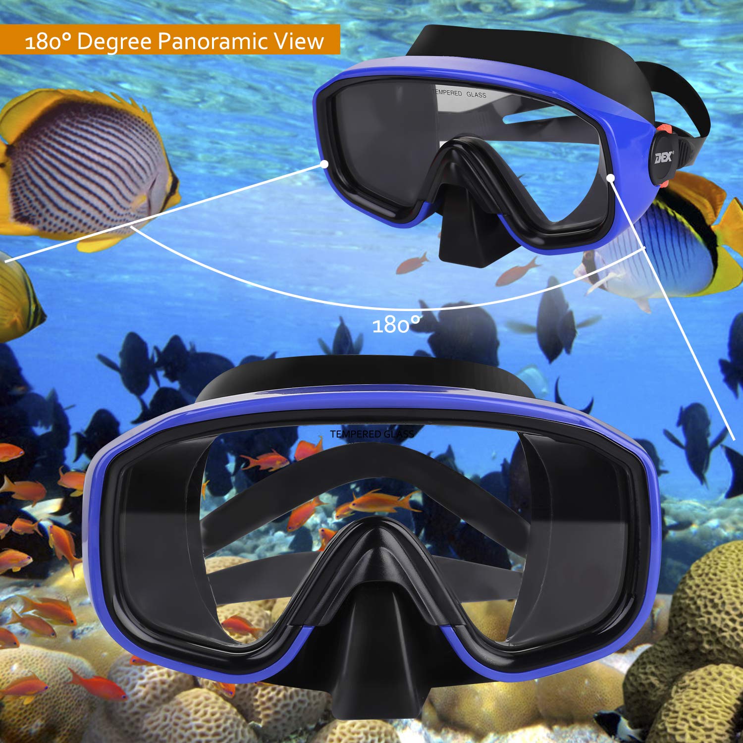 WACOOL Set Snorkeling Professionale Adulti – Maschera In Vetro Temprato Anti-appannamento, Boccaglio A Secco Con Valvola, Blu Lago - 2
