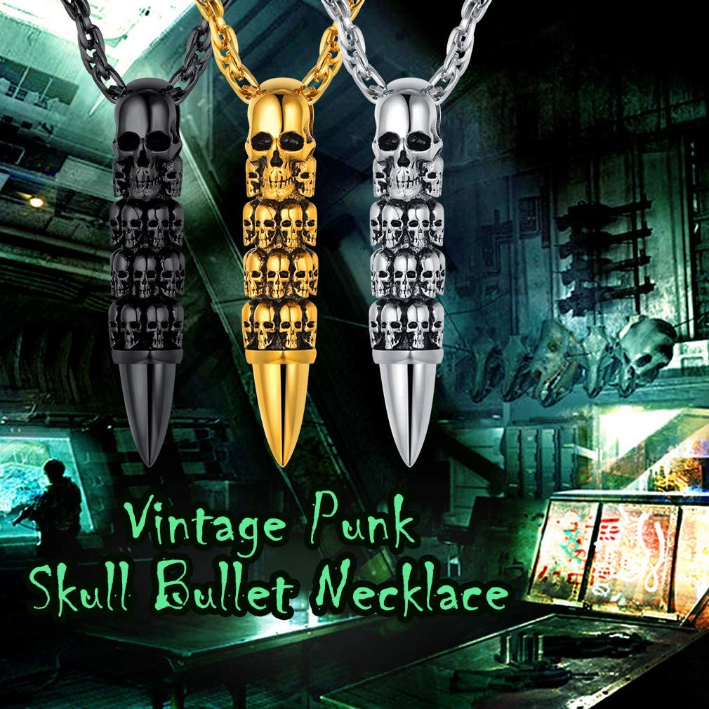 FaithHeart Collier Tete de Mort Homme Pendentif Crane Bijoux Tête de Crâne Gothique Acier Inoxydable avec Chaîne Réglable 55+5cm