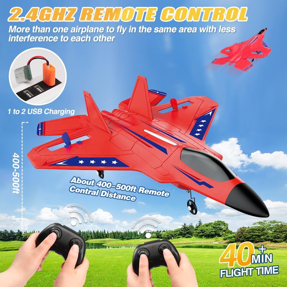 Fremego F-22 Raptor RC Plane 2.4GHz RC Airplane Fighter Toy Ready to Fly Remote Control Airplane Easy to Fly RC Glider Sports for Kids & Beginners (Red)