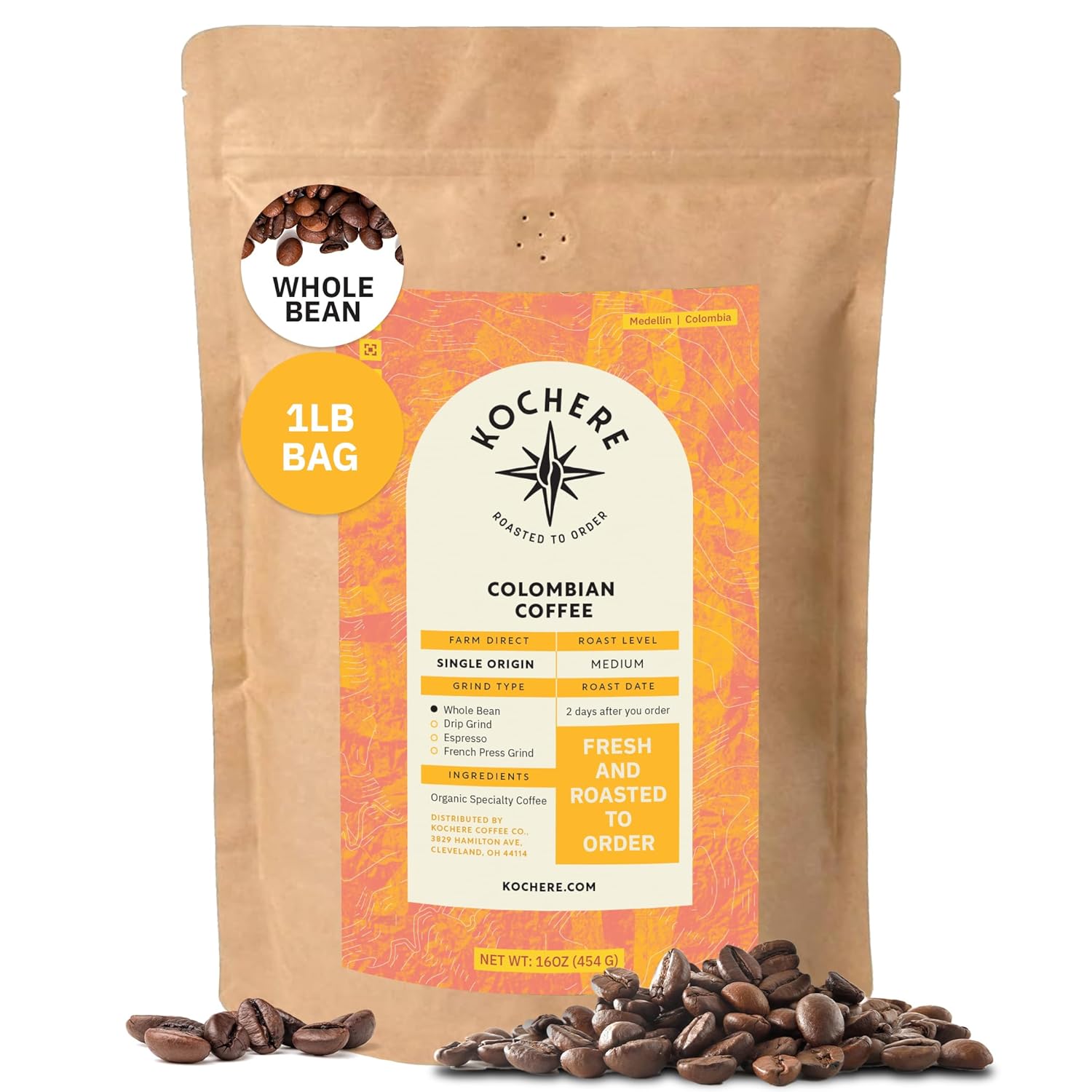 Organic Specialty Whole Bean Coffee - Freshly Roasted to Order - Medium Roast, 1 lb Bag Single Origin Colombian Medellín Coffee Beans - Farm Direct, Smooth, Chocolate & Berry Notes