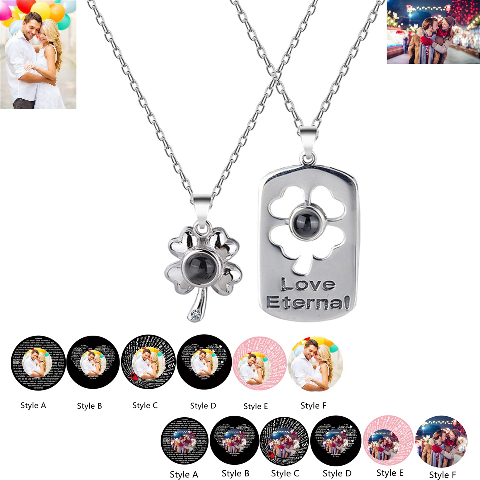 Collar de proyección fotográfico personalizado Collar de pareja Te amo 100 idiomas Colgante Lucky Clover