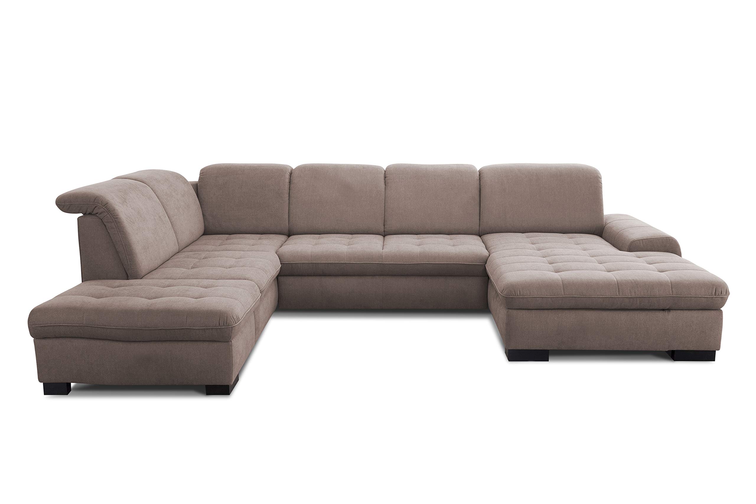 CAVADORE Wohnlandschaft Lexi / Große U-Form mit XXL-Longchair rechts und Kopfteilverstellung / Leichte Fleckenentfernung dank Soft Clean / 329 x 82-99 x 224 / Flachgewebe: Hellbraun