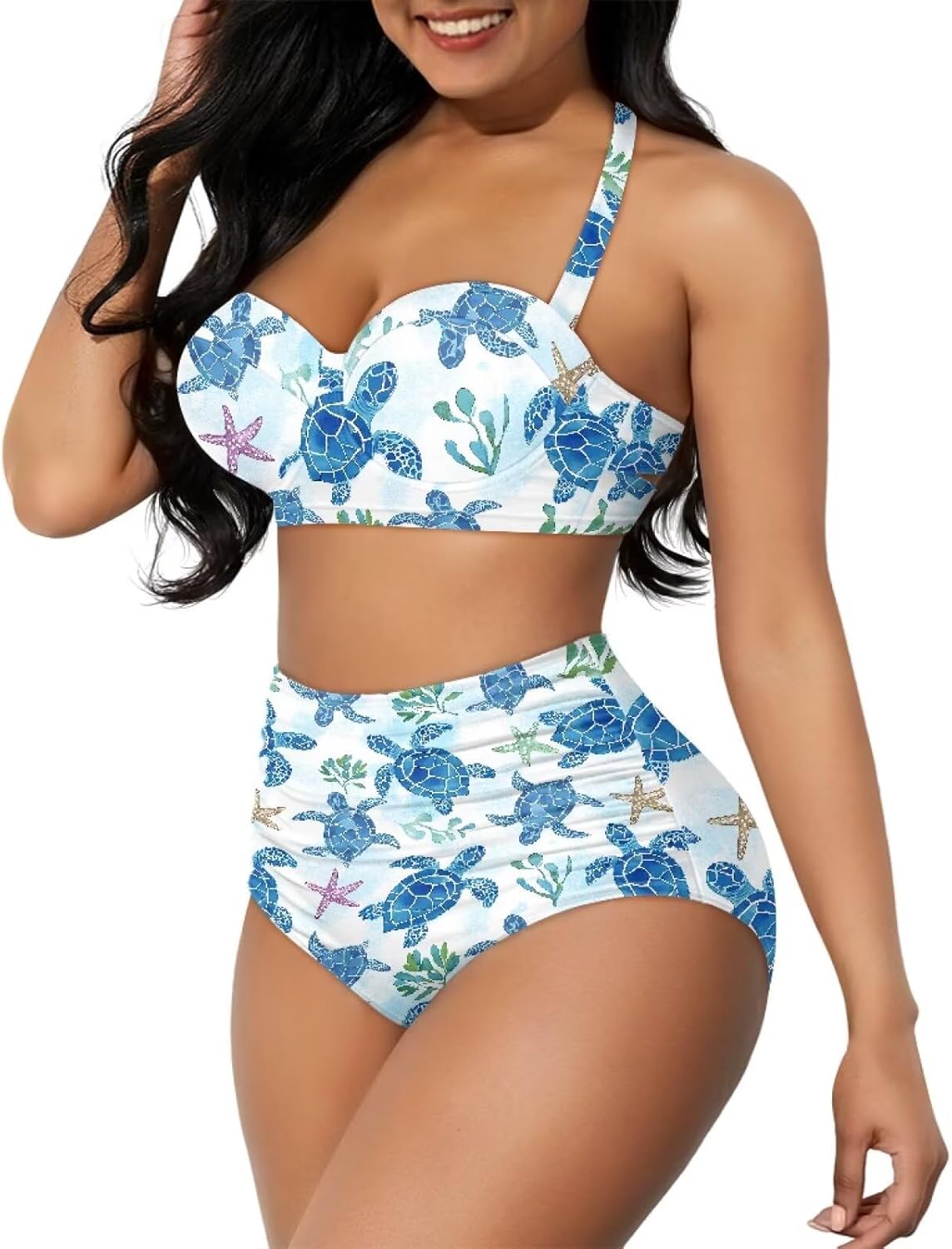 Poceacles Womens Ruched Swim Suit Two Piece Halter Bikini Set Cute Lace Up Padded Swimwear Adjustable Straps Print Beachwear