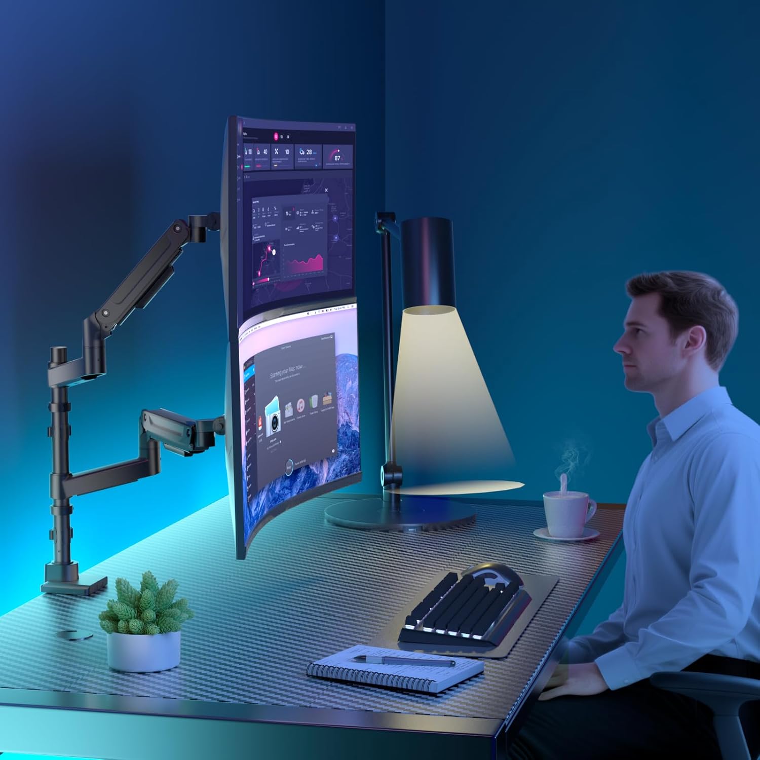 User working at a desk with two vertically stacked monitors on a WALI monitor arm