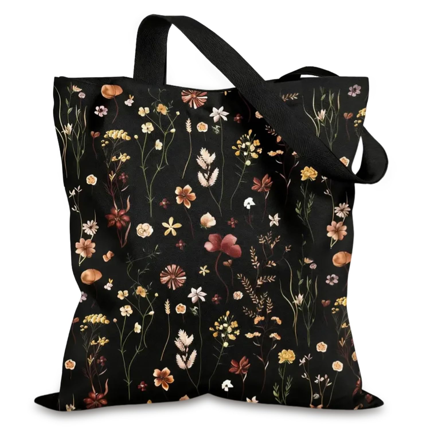 Pralen Vintage Floral Tote Bag for Women, Black Canvas Bag with Wildflower Pattern, Cotton Shopping Bag with Long Handles, Elegant Canvas Tote for Work and Daily Use, 40x43cm