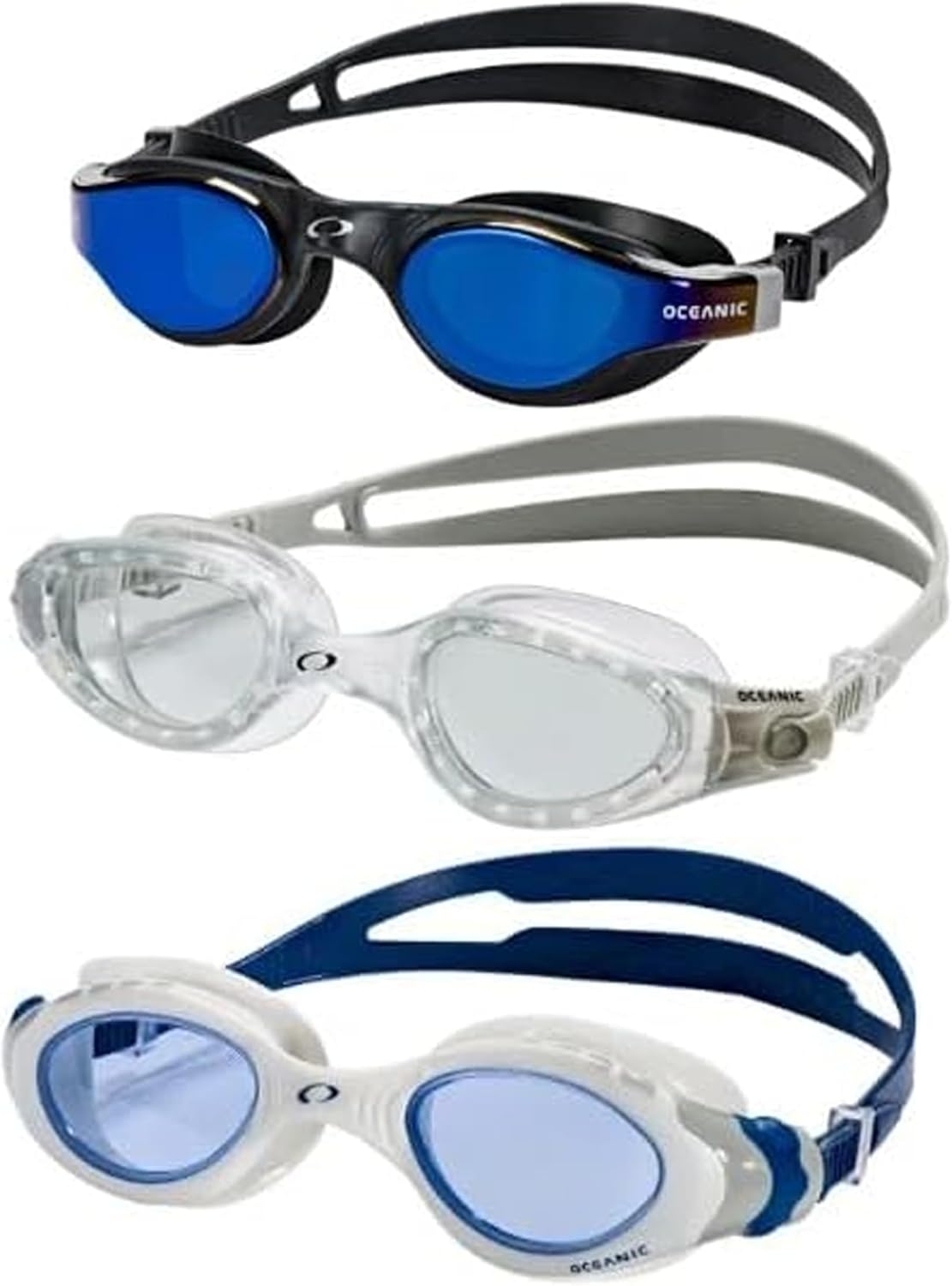 Oceanic Adult Swim Goggles 3 Pack (L/XL), Anti-Fog UV400 Leakproof Seal, 1 Mirrored + 2 Clear, Easy Side-Adjust Straps for Lap Swimming, Training & Open Water