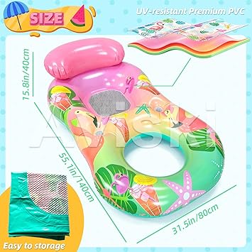 1 Pack Flamingo Palm Pool Lounger for Adults - Inflatable Pool Float Chair with Cup Holders, Cooling Mesh Seat & Backrest, Hawaii Summer Beach Party Toy, Large Size Water Float Raft for Lake River