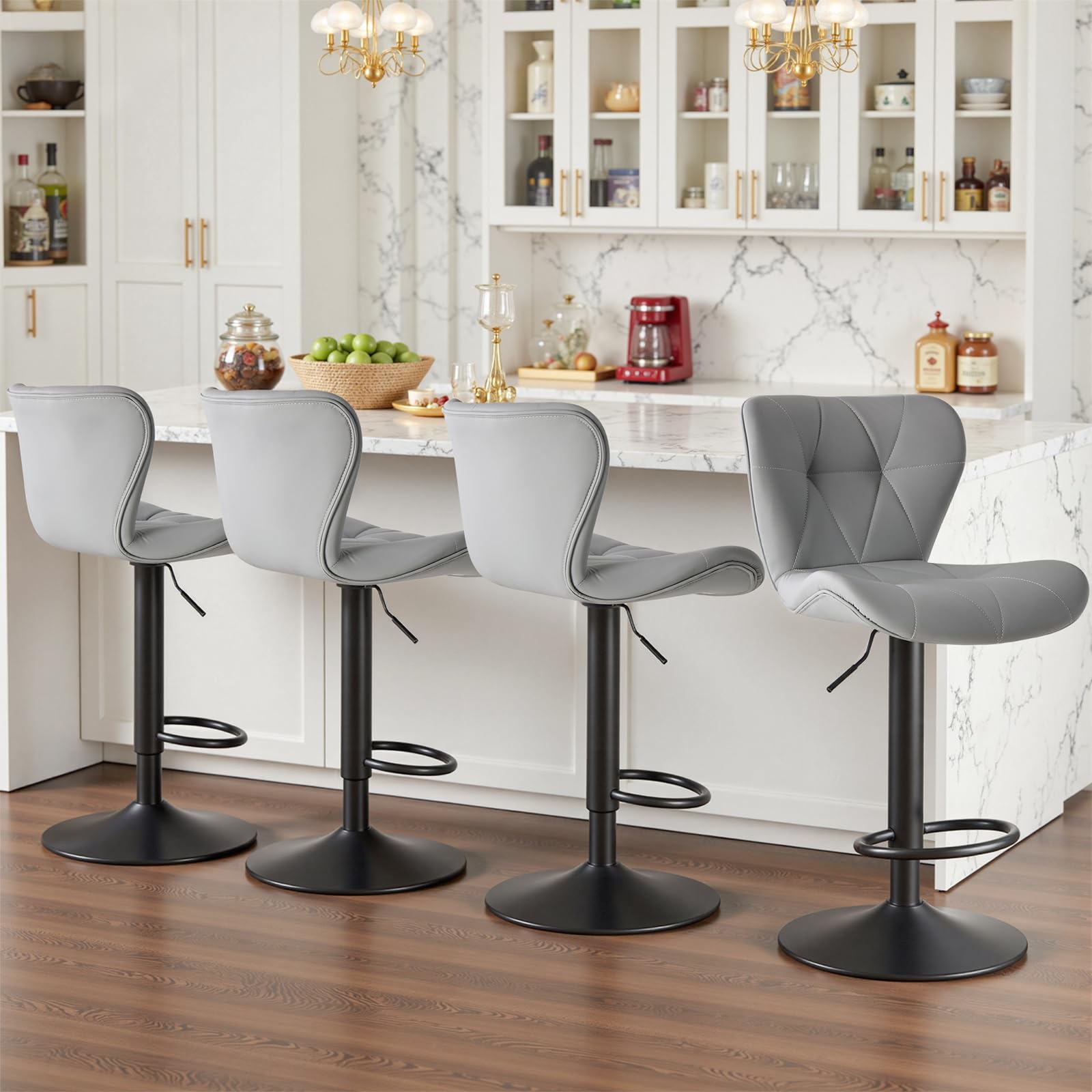 Sweetcrispy Modern Bar Stools Set of 4, Adjustable Faux Leather Upholstered Swivel Bar Stools, Counter Height Bar Chairs with Back for Kitchen Island,