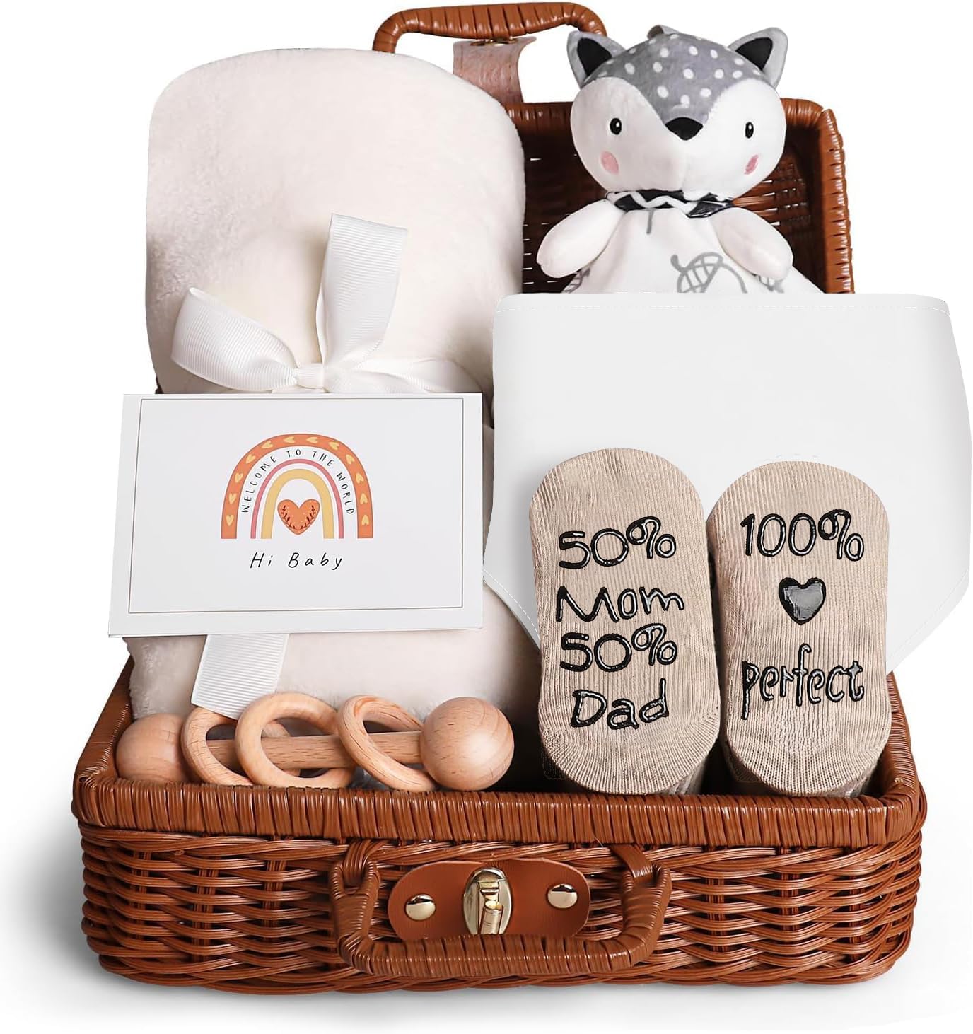 Baby Gift Basket, Newborn Gift Set with Baby Baby Rattle, Newborn Baby Gift Set, Newborn Baby Gifts, Medium Baby Gift Basket Kit for Expecting Moms(WHITE)