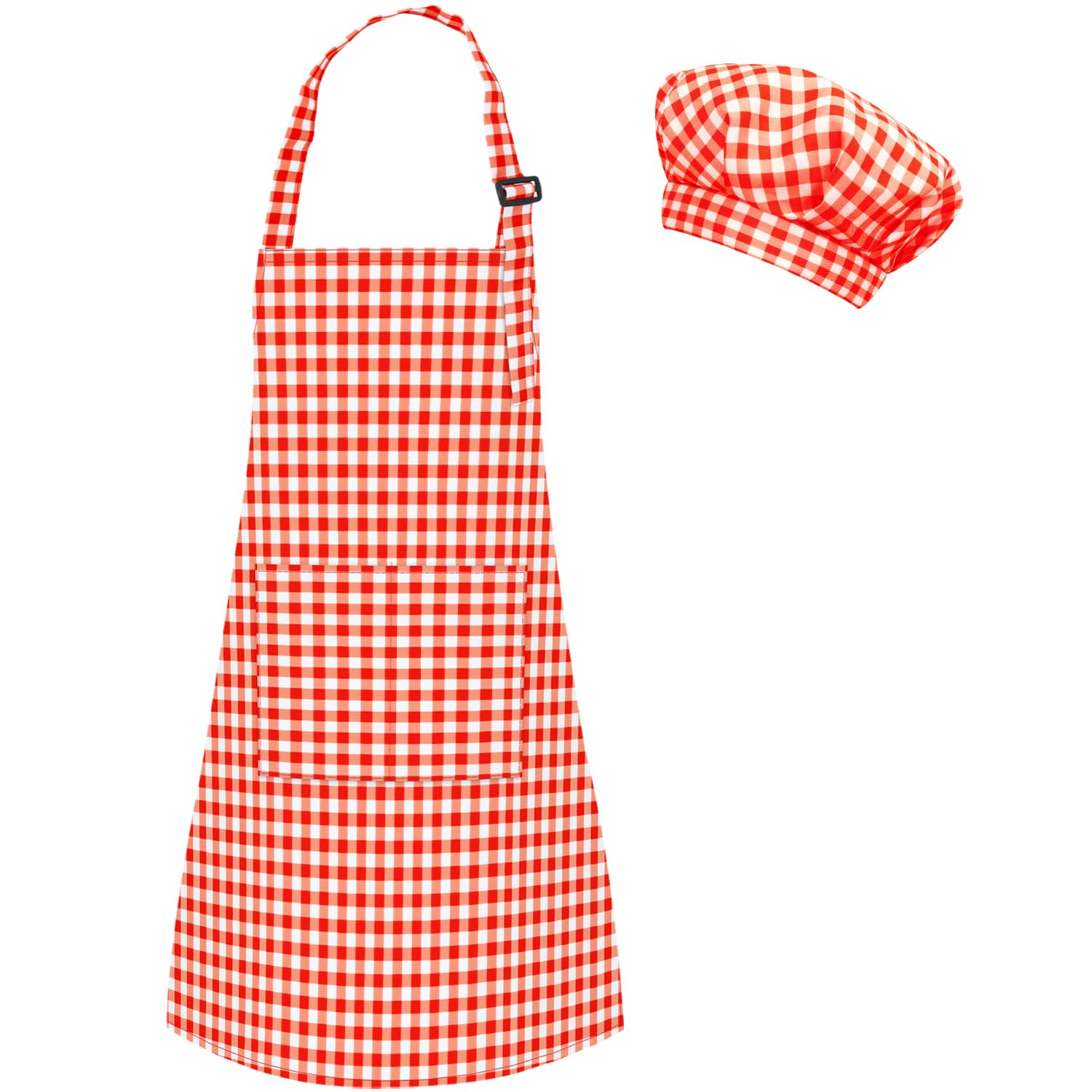 TOPWAYS Grid Kids Apron and Chef Hat Set, Adjustable Check Child Chef Aprons with 2 Pockets