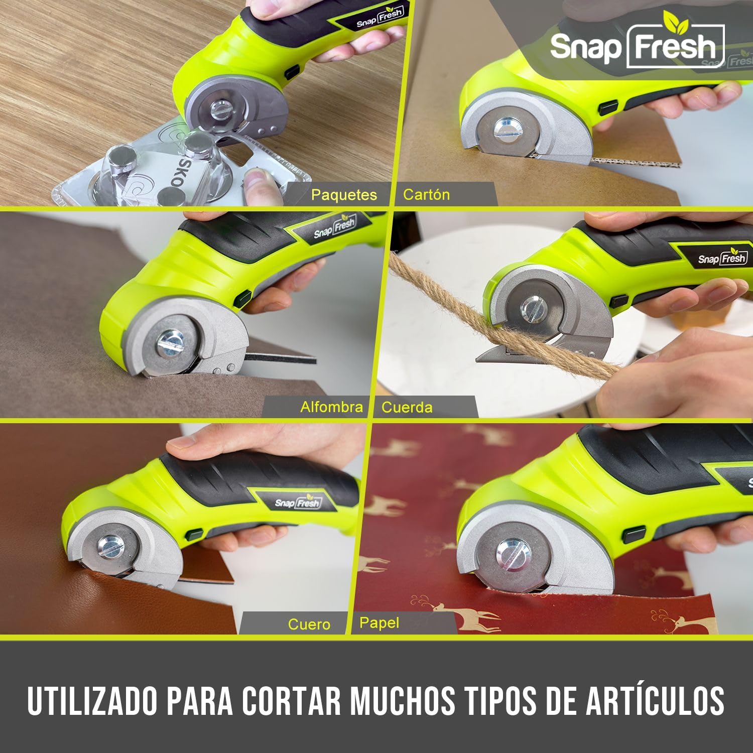 Tijeras Eléctricas sin Cable, SnapFresh Mini Cutter Eléctrico 4V, Cortador Rotativo p/Tela y Tela, Cortador Alfombras y Cartón c/Cuchilla Repuesto
