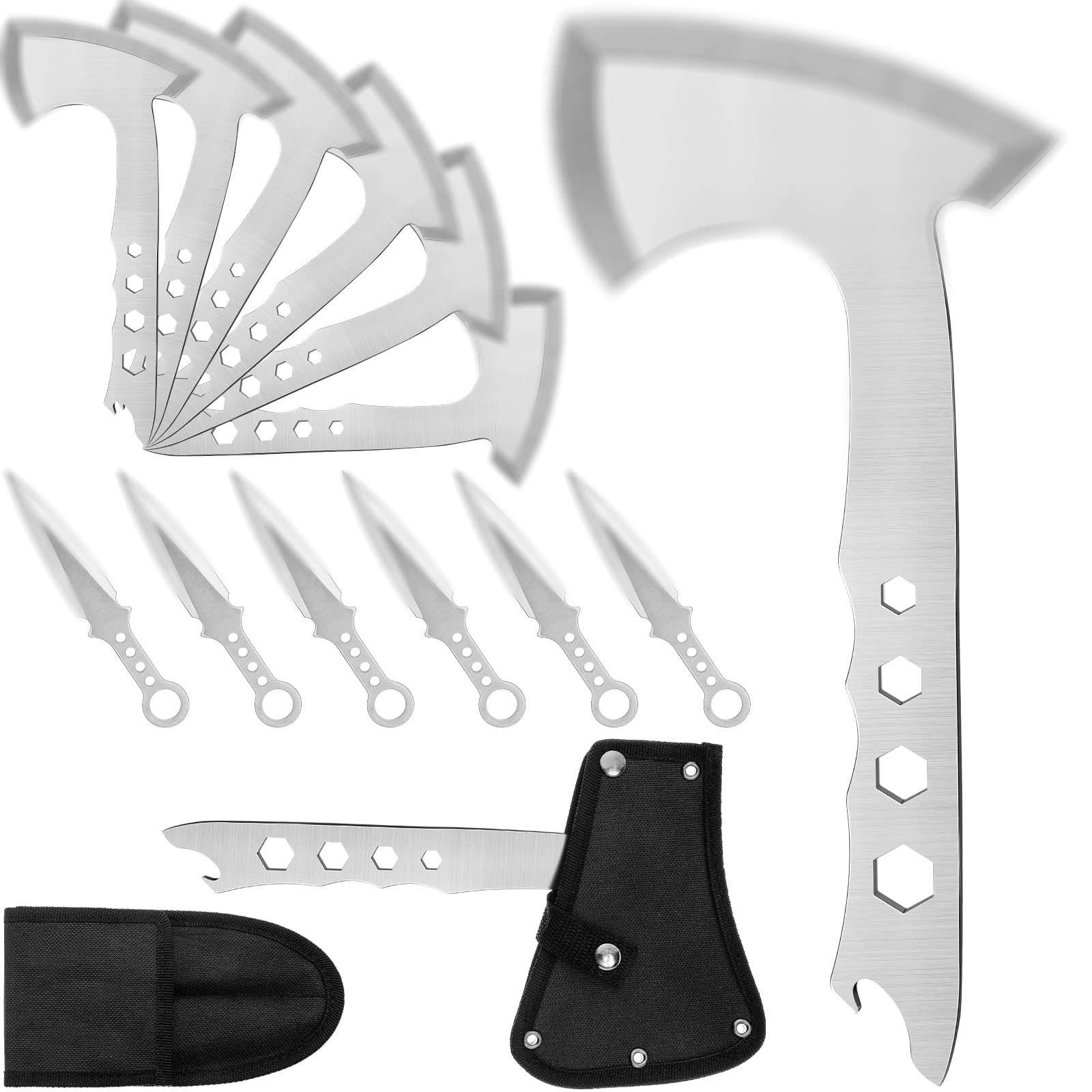6 Pack Throwing Axes 10 Inch Full Tang Throwing Axes Tomahawks Set Stainless Steel Balanced Axes with Nylon Sheath Bottle Opener Wrench for Competiton Recreation