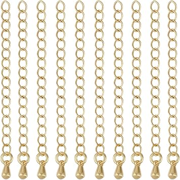 Beebeecraft 1 Box 20Pcs Chain Extender for Jewelry Making 18K Gold Plated Necklace Chain Extender with 3D Teardrop End Charm 2 Inch for Bracelet DIY