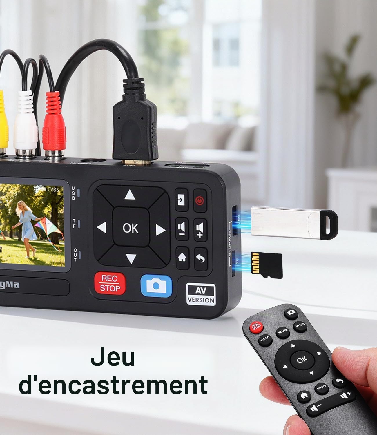 King Ma Numériseur vidéo, avec écran de 3 pouces, résolution 1080P, 30 FPS, conversion numérique de VHS, RCA, VCR, DVD, Hi8, caméras vidéo, jeux, stockage via TF/SD/USB (AV)