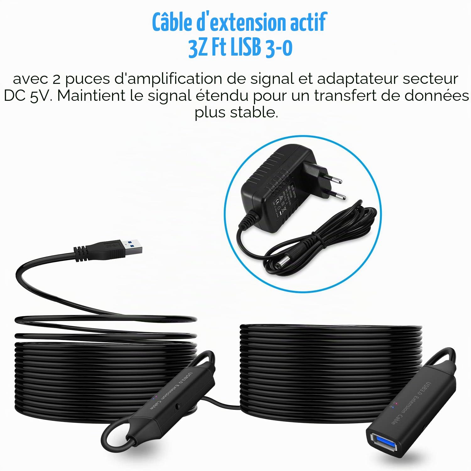 RSHTECH Câble d'extension USB 3.0 avec bloc d'alimentation 5 V 2 A actif USB 10 m Câble d'extension Super Speed A vers femelle A avec amplificateur de signal 5 Gbit/s Répéteur Noir