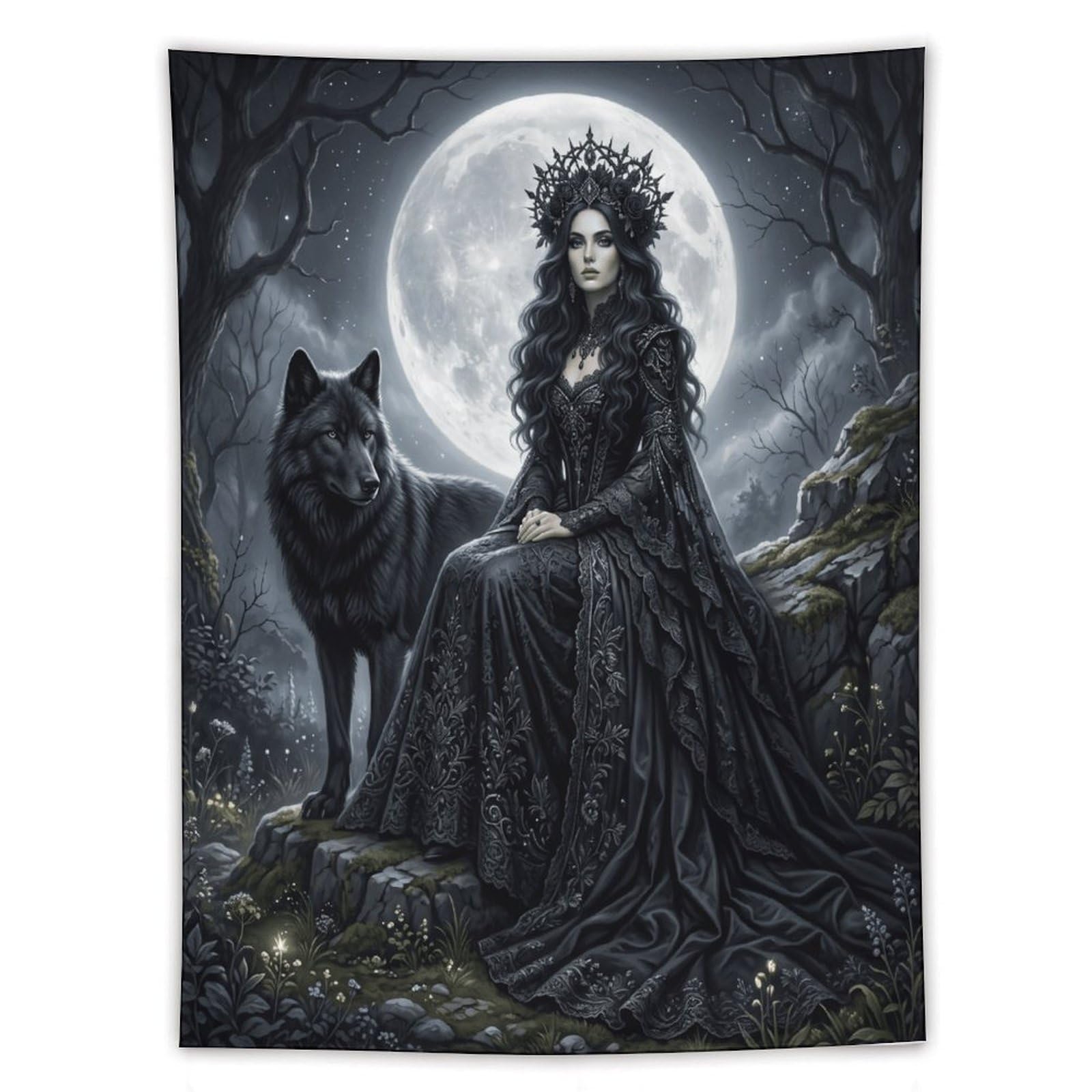 H3B8U2Y5 Dark Wolf Queen Forest Wall Tapestry, Realistic Illustration