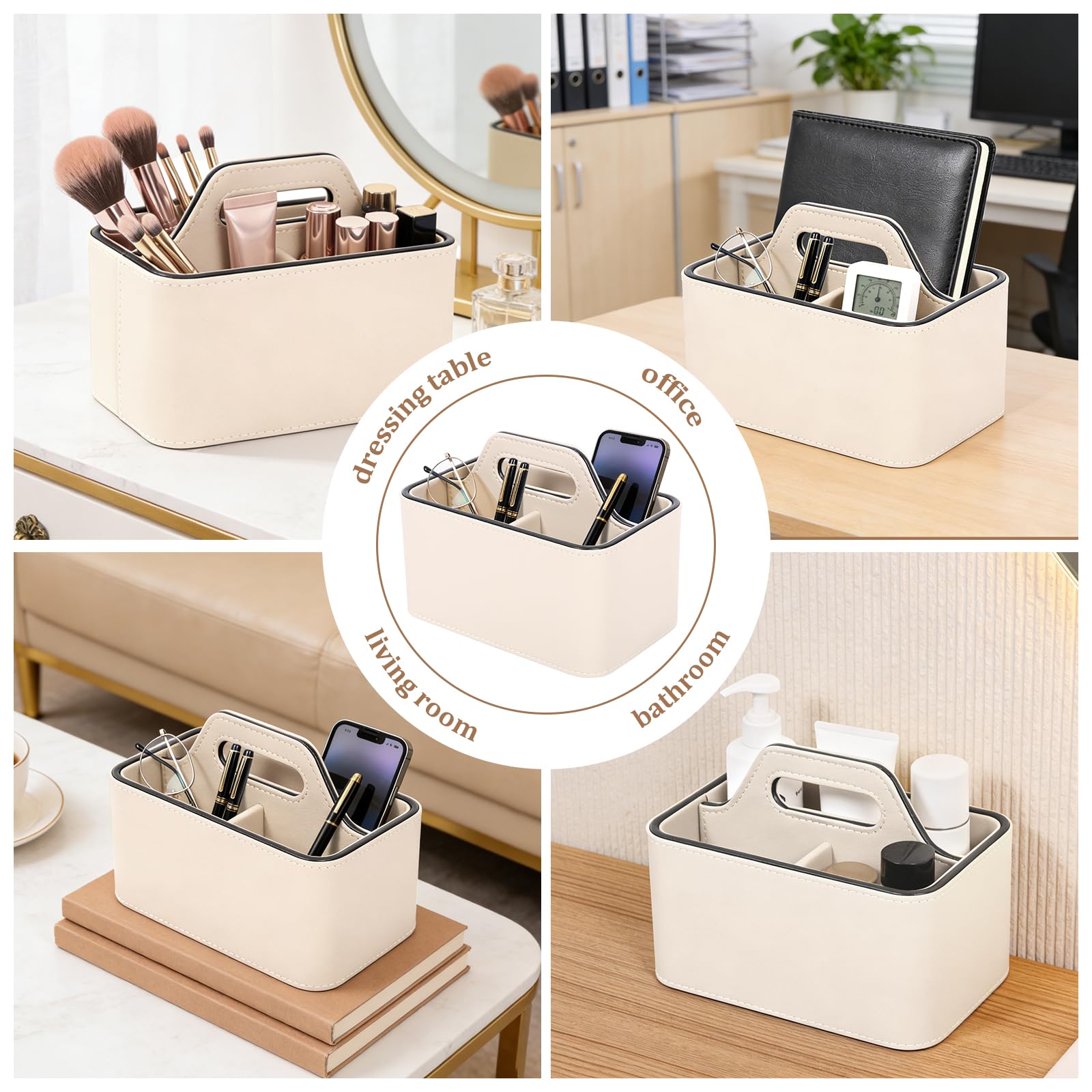 Organizador de mesita de noche con asa, 3 compartimentos de piel sintética, soporte para mando a distancia, organizador de brochas de maquillaje portátil para oficina, escuela, hogar, mesita de