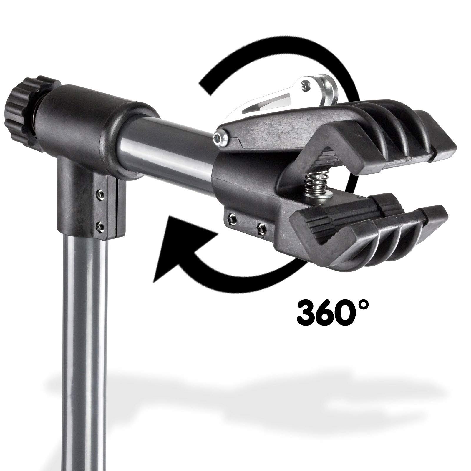 DEMA Fahrrad Montageständer 360°, Radständer, höhenverstellbar, drehbar, klappbar, gummierte Haltekralle, Werkzeugablage, stabil, für Reparatur, Wartung, Oversize-Rahmen, platzsparend zerlegbar