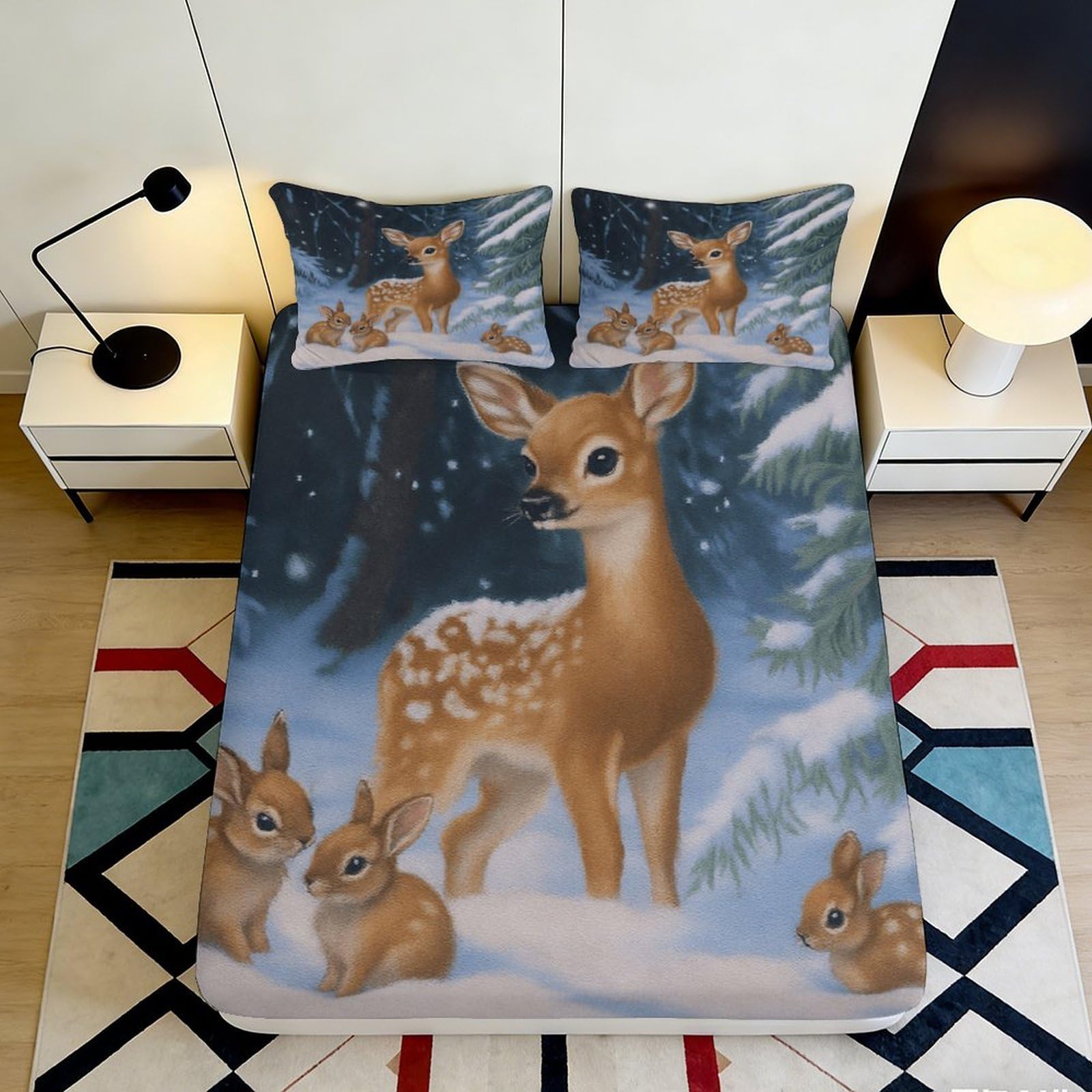 3D Printed Deer and Rabbits Fitted Sheet Microfiber Soft Breathable Winter Forest Bed Cover for Bedroom Dormitory Guest Room Mattress Protection Decoration 140x200x25cm