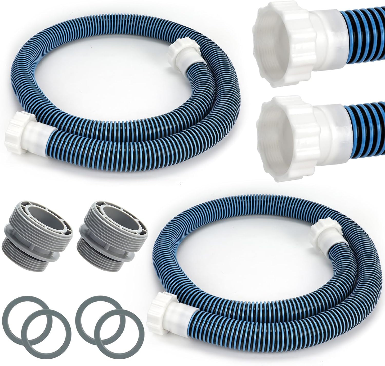 2 Pack 6ft EVA Pool Hose with 40mm Hose to 1 1/2 Inch Inlet/Outlet Adapter Conversions for Above Ground Pools Long Swimming Pool Replacement Filter Hoses for Pool Pumps Saltwater Sand Filters (Blue)