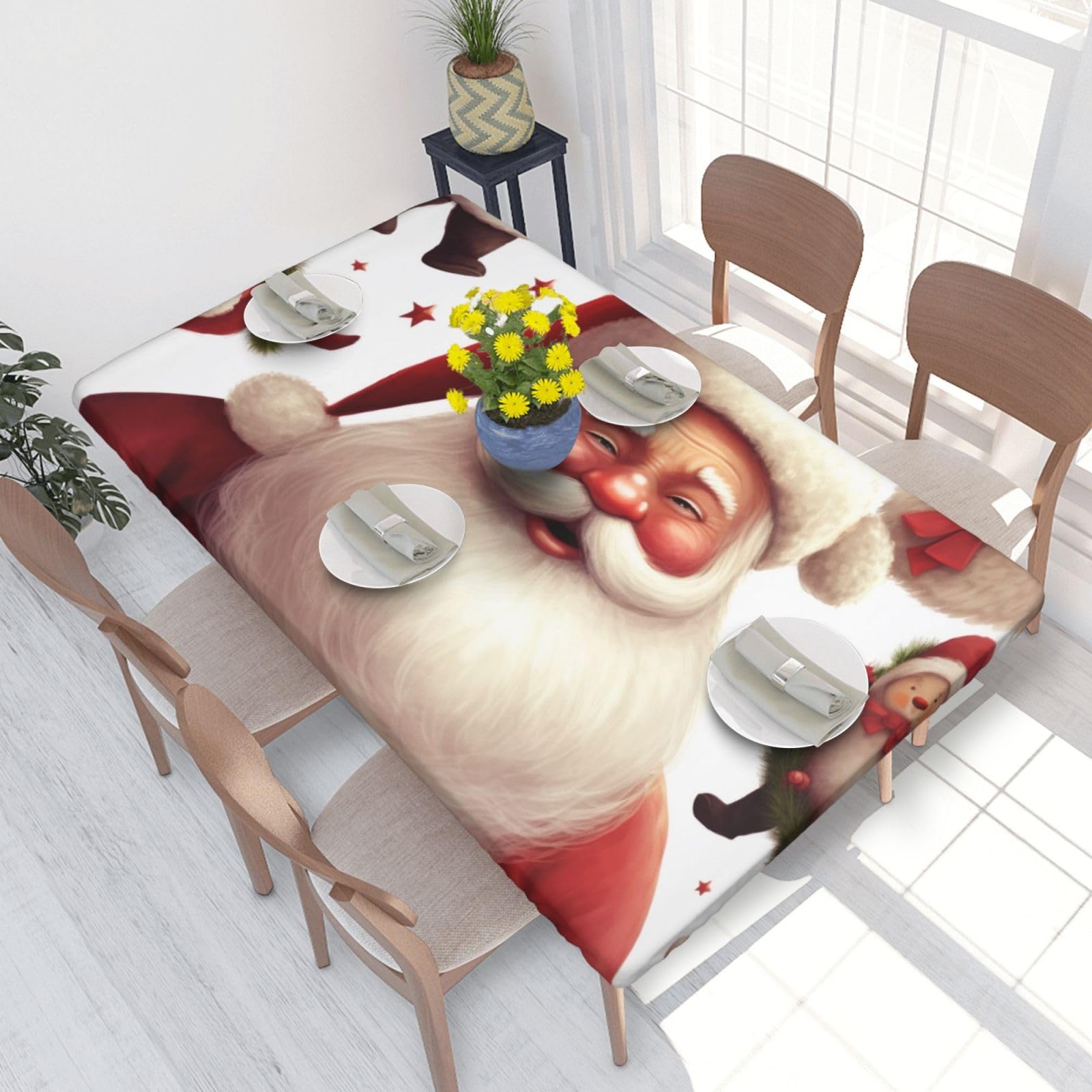 DCARSETCV Christmas Santa Claus Printed 4FT Waterproof Tablecloth with Elastic Edged Protect & Decor Your Table, Oil-proof Washable Table Cloth Cover for Dinner Picnic Party
