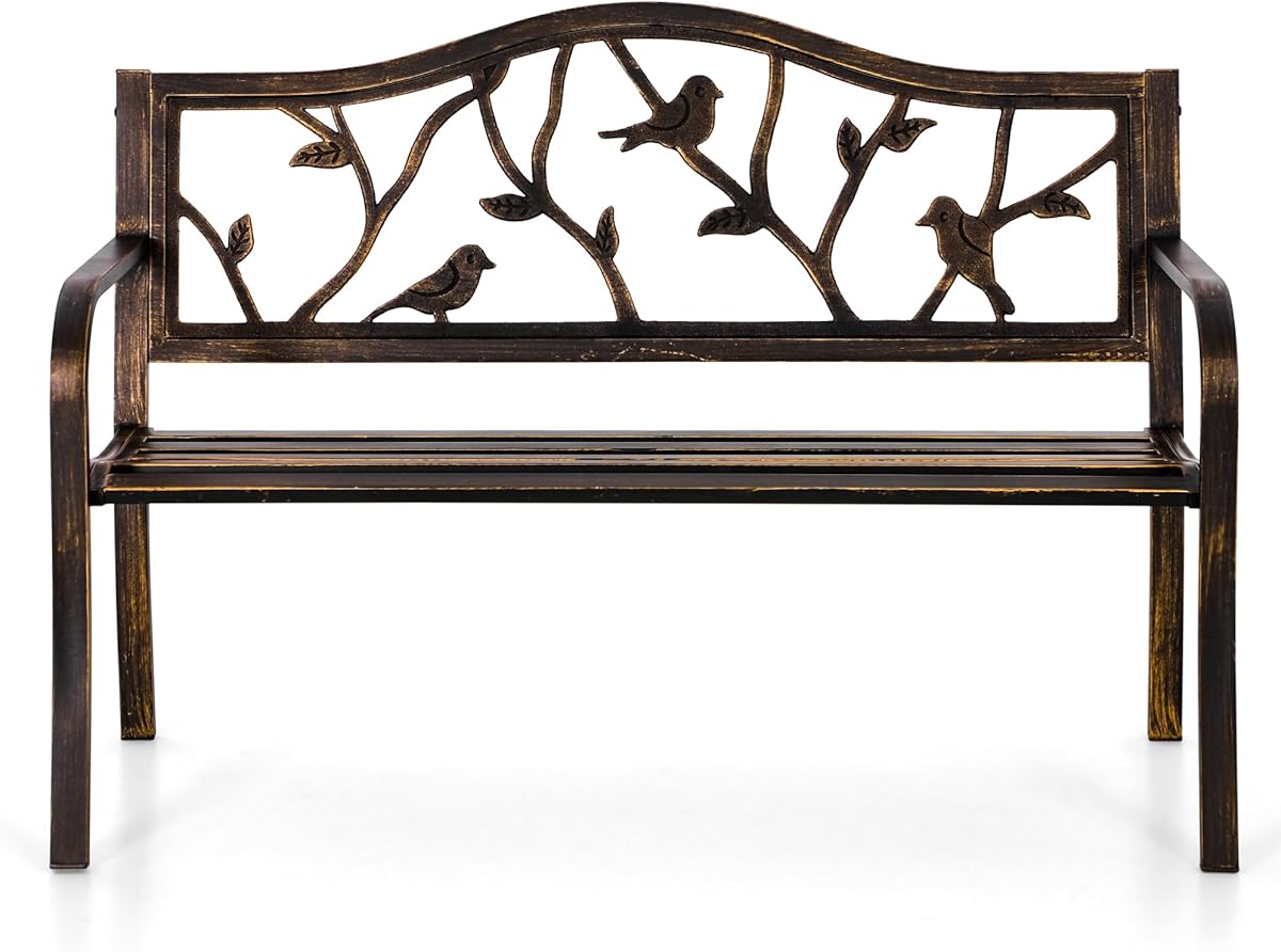 PHI VILLA Garden Bench Metal Steel Frame 2-3 Seater Outdoor Bench with Floral Cast Iron Backrest for Park, Garden and Patio Bronze