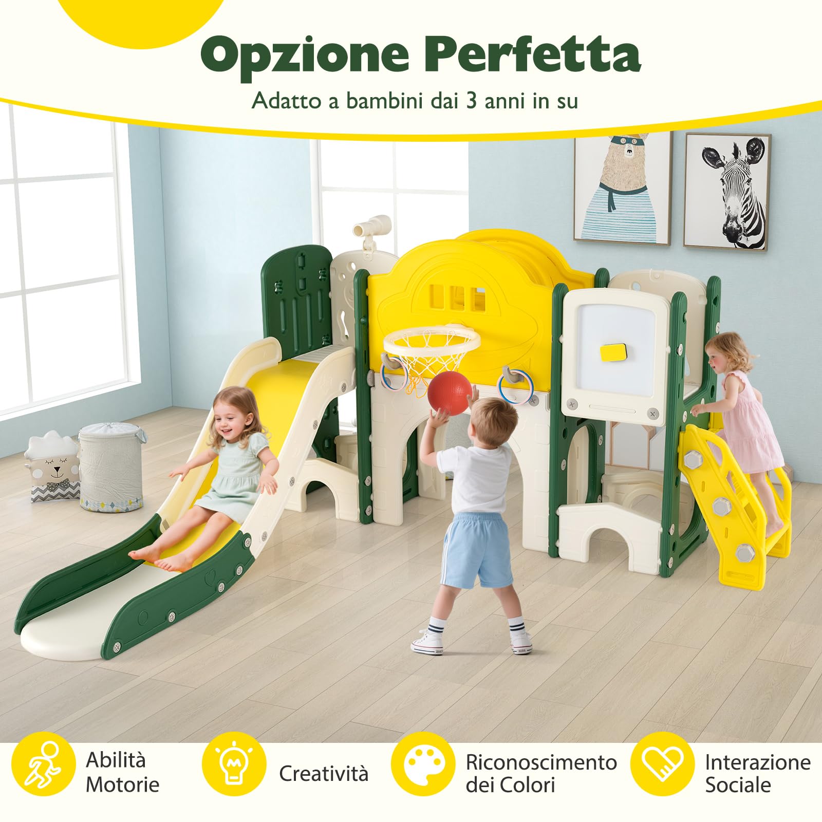 COSTWAY 10 in 1 Set Scivolo per Bambini, Scivolo e Arrampicata con Lavagna Magnetica, Telescopio, Lancio ad Anelli, Canestro da Basket, Tunnel, Parco Giochi per 18 Mesi+