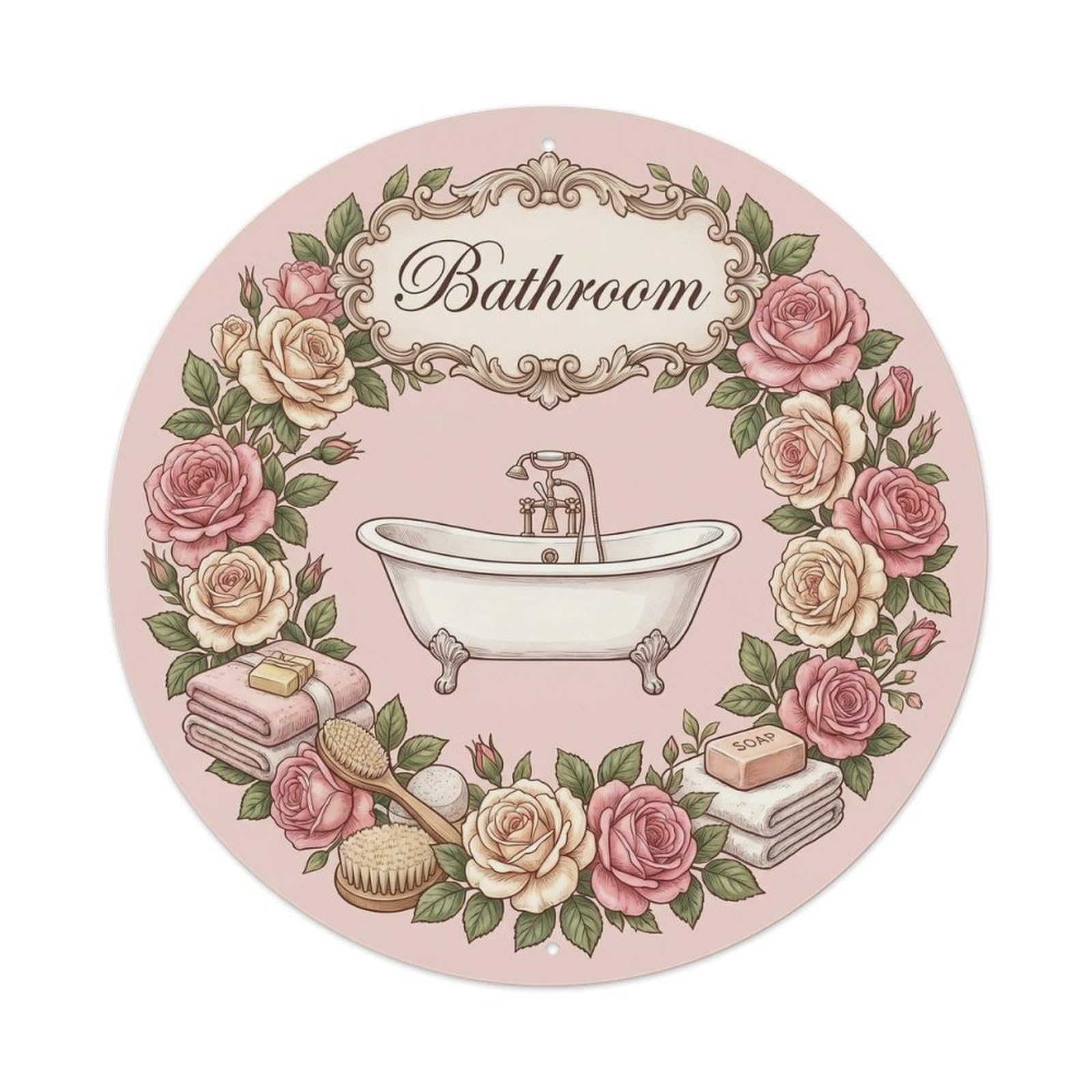 Bathroom Rose Floral Round Metal Tin Sign