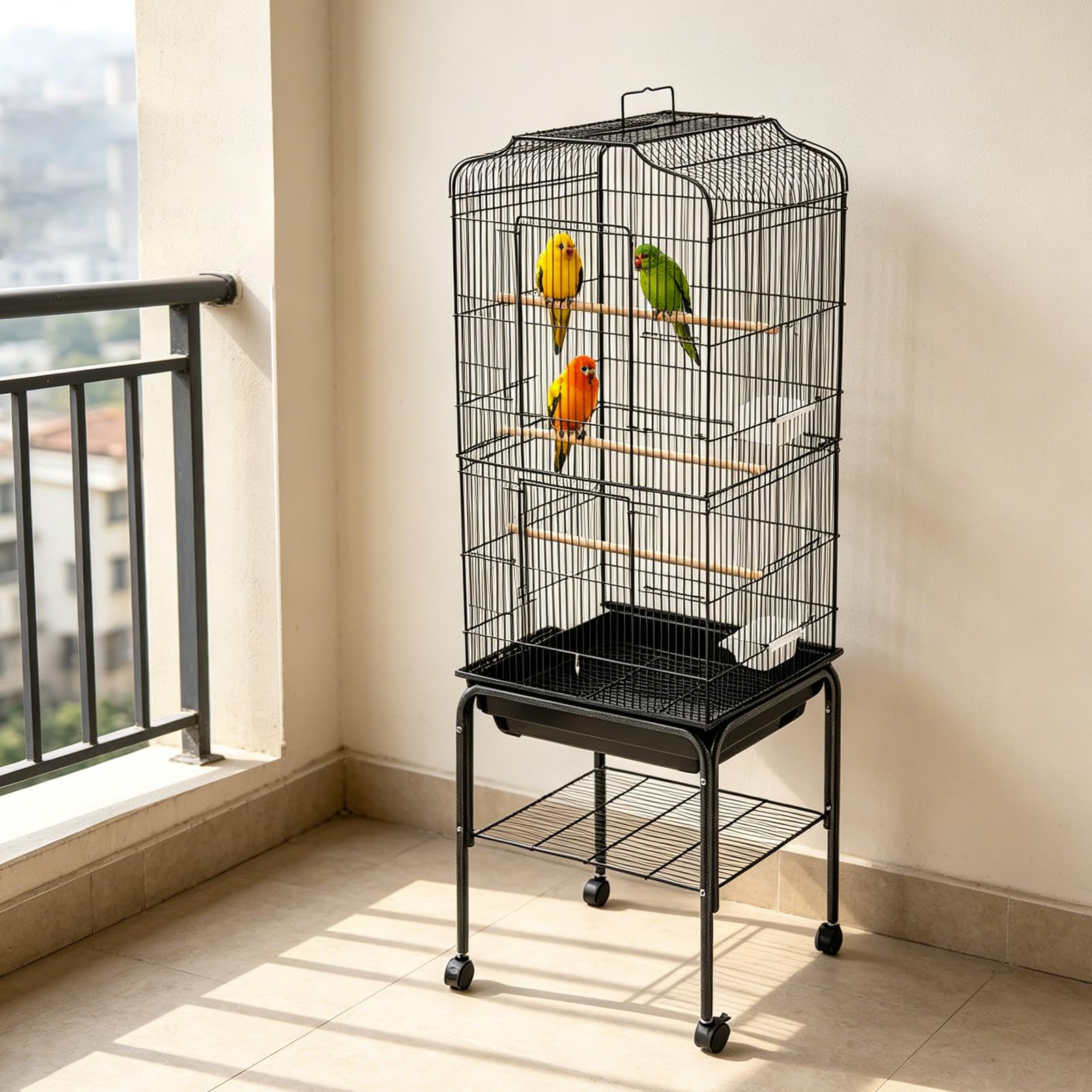 Grande gabbia per uccelli, 47 x 37 x 137,5 cm, con supporto e 4 ruote (2 con freno), gabbia per pappagalli con 4 ciotole, per pappagalli, pappagalli, canarini, fringuelli