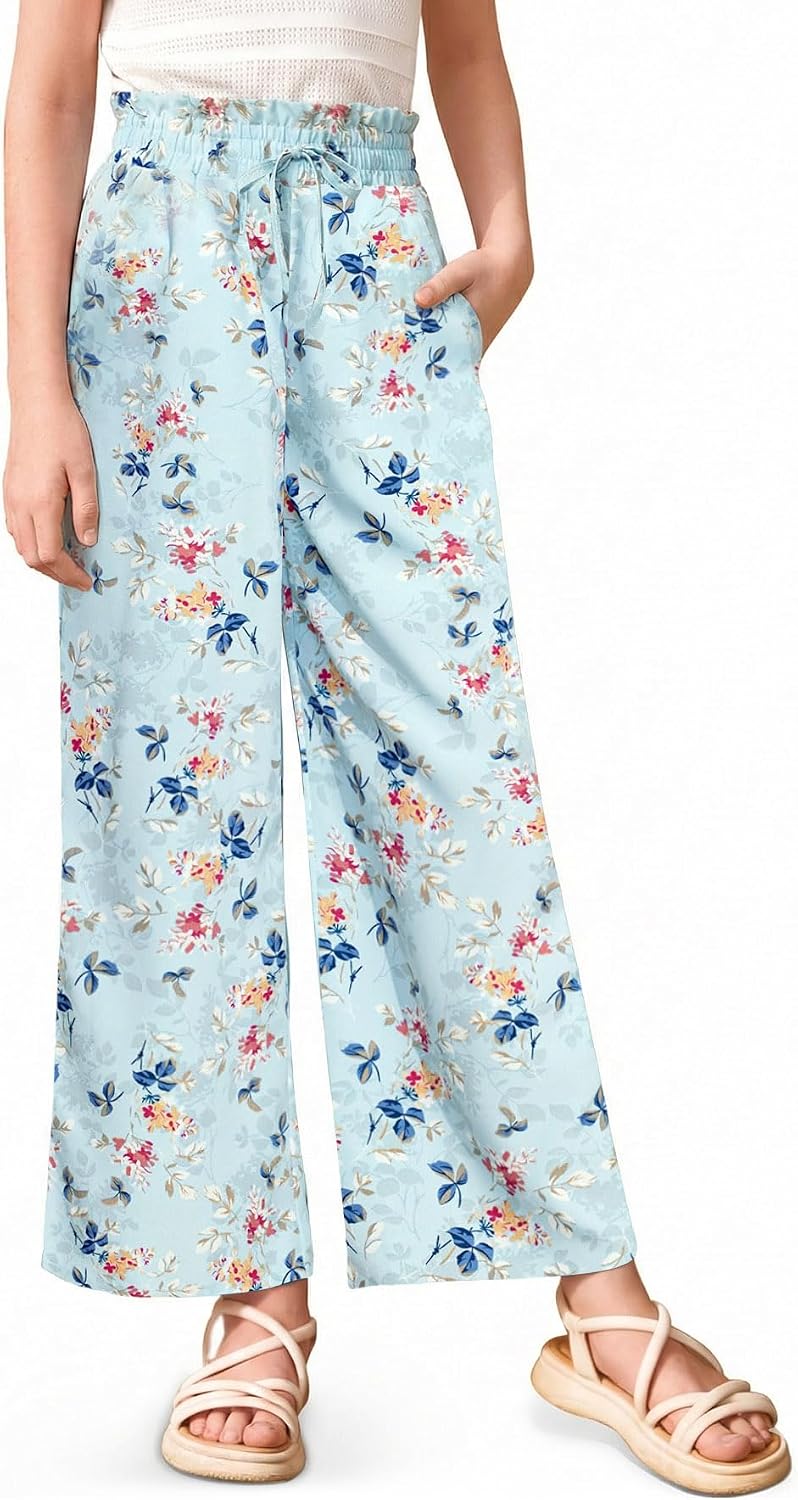 Girls Summer Floral Wide Leg Pants High Waisted Flowy Dress Trousers with Pockets Lounge Beach Wear 5-14 Years