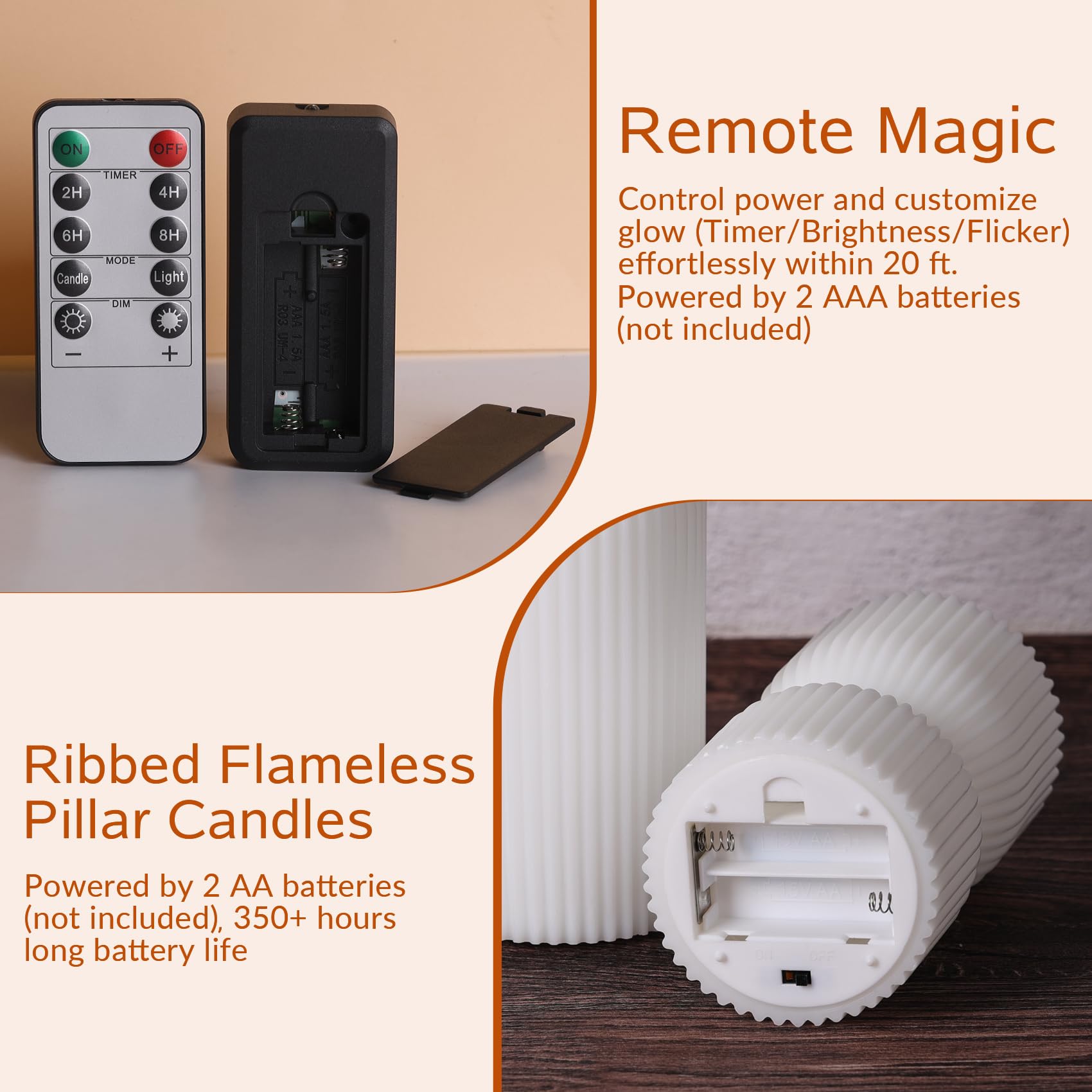 Candele bianche a coste senza fiamma con telecomando, candele a LED in vera cera tremolante, set di 2