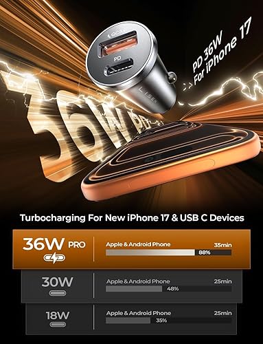 Miniatura 5 de LISEN Cargador de coche súper rápido para iPhone 16, adaptador de encendedor de cigarrillos de aleación de 54 W, doble puerto de 12 V, USB C,