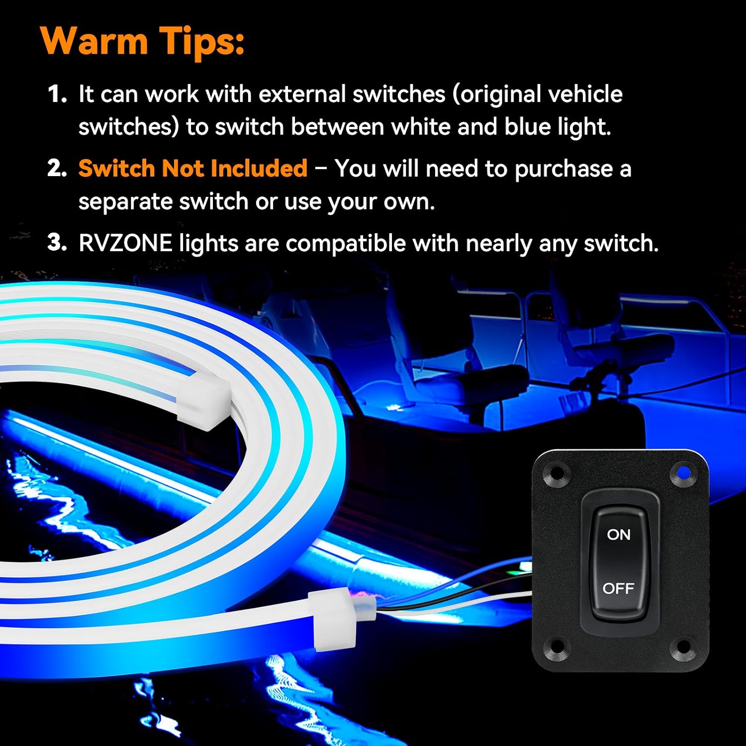 RVZONE Boat Interior Lights, 70 Inch LED Boat Strip Lights 12V White and Blue Dual Color Marine Courtesy Strip Deck Transom Light for Fishing Pontoon Kayak Yacht Sailboat