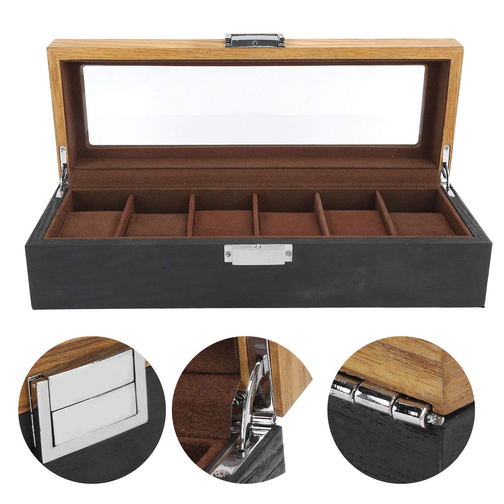 Caja para Relojes, Organizador de Relojes de Madera Maciza con 6 Ranuras, Vitrina, Caja de Almacenamiento para Relojes con Tapa de Vidrio para Hombres y Mujeres, Soporte para