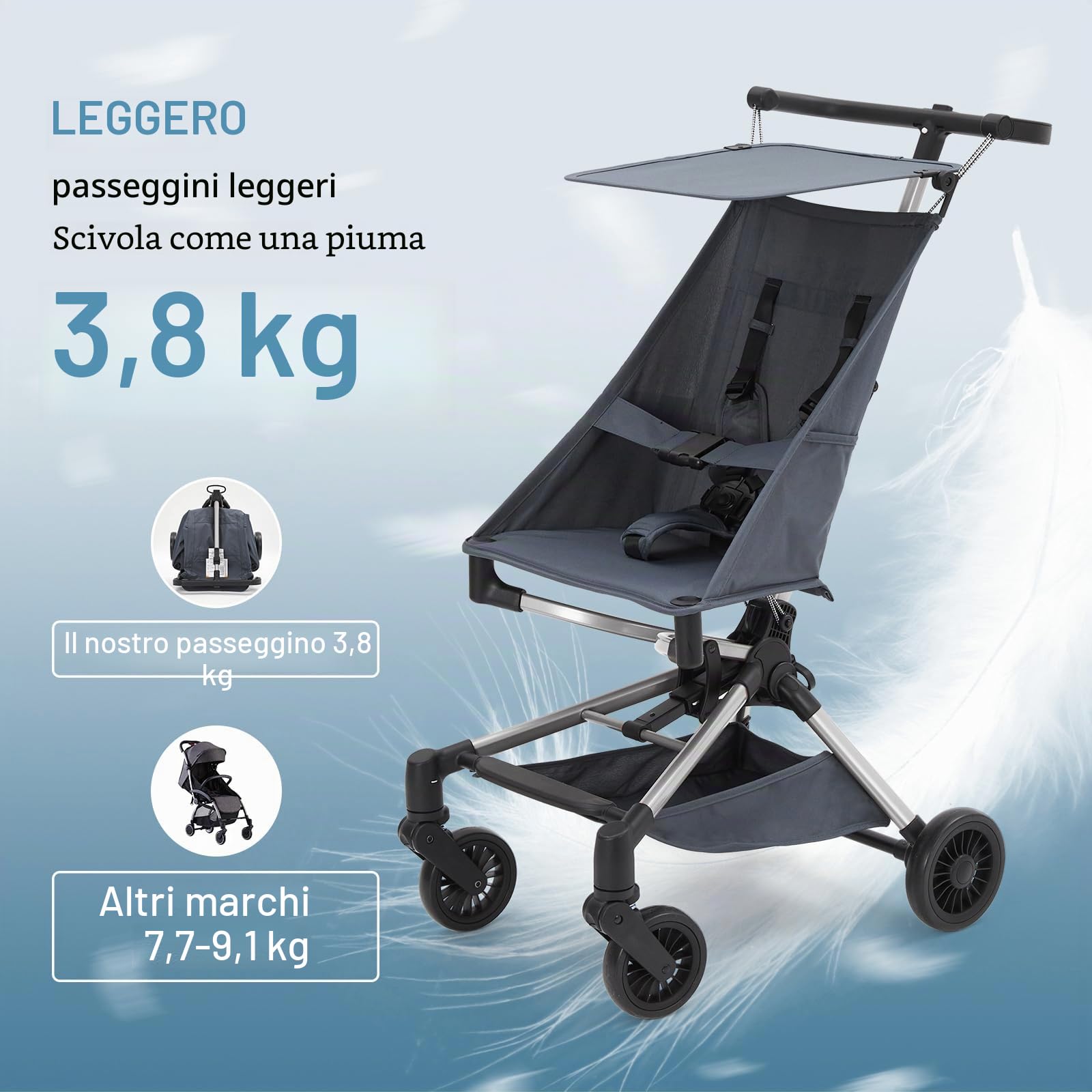Passeggino Ultraleggero Compatto per Aereo <4,5 kg con Borsa di Trasporto, Pieghevole con una Mano, Baldacchino Regolabile, Ruote 360°, Cintura di Sicurezza a 3 Punti