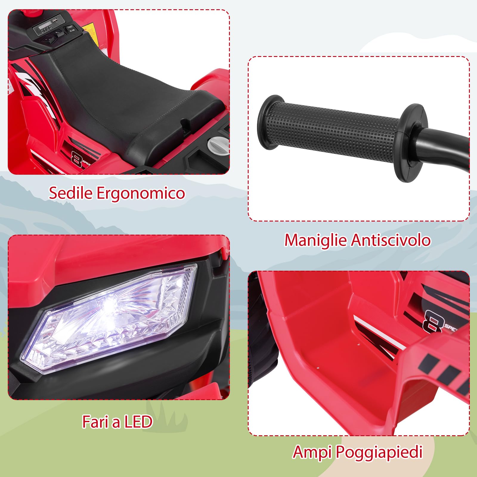 COSTWAY 24V Quad Elettrico per Bambini, Macchina Elettrica Cavalcabile con Musica Radio Luci a LED, Avvio Lento, Velocità Fino a 5km/h, per Bambini 3-8 Anni (Rosso)