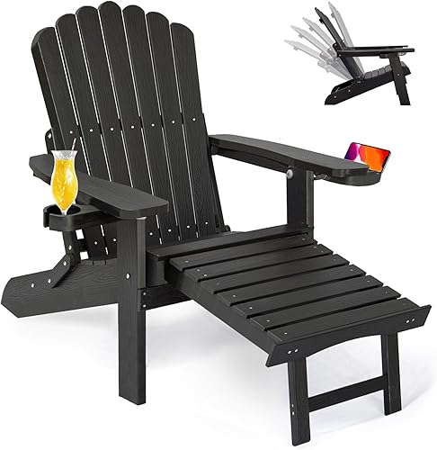Miniatura 1 de ZHUSI Silla Adirondack plegable ajustable con otomana retráctil, silla Adirondack con 2 soportes para tazas, sillas de exterior para porche, patio,