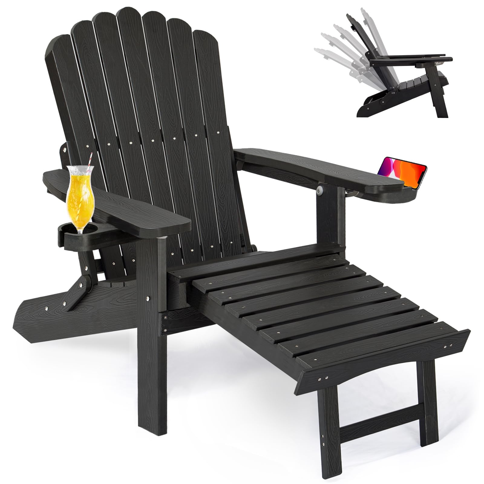 ZHUSI Folding Adjustable Adirondack Chair with Retractable Ottoman, Adirondack Chair with 2 Cup Holders, Outdoor Chairs for Porch Patio Lawn Balcony