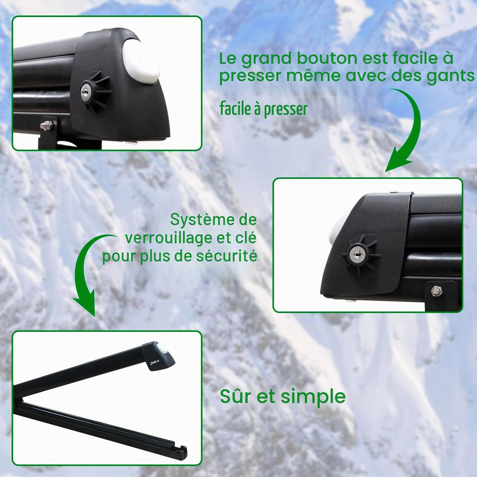 Just-V Porte-skis universel pour 4 paires de ski et 2 snowboards Montage sur barres de toit en acier et aluminium Snowpack Porte-skis, Noir