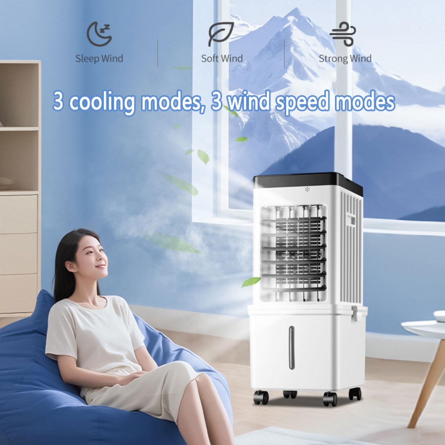 Condizionatore portatile umidificatore ventilatore raffreddante, serbatoio 15L, 3 modalità & velocità, oscillazione 90°, timer 7.5H, telecomando, raffrescatore evaporativo silenzioso casa ufficio