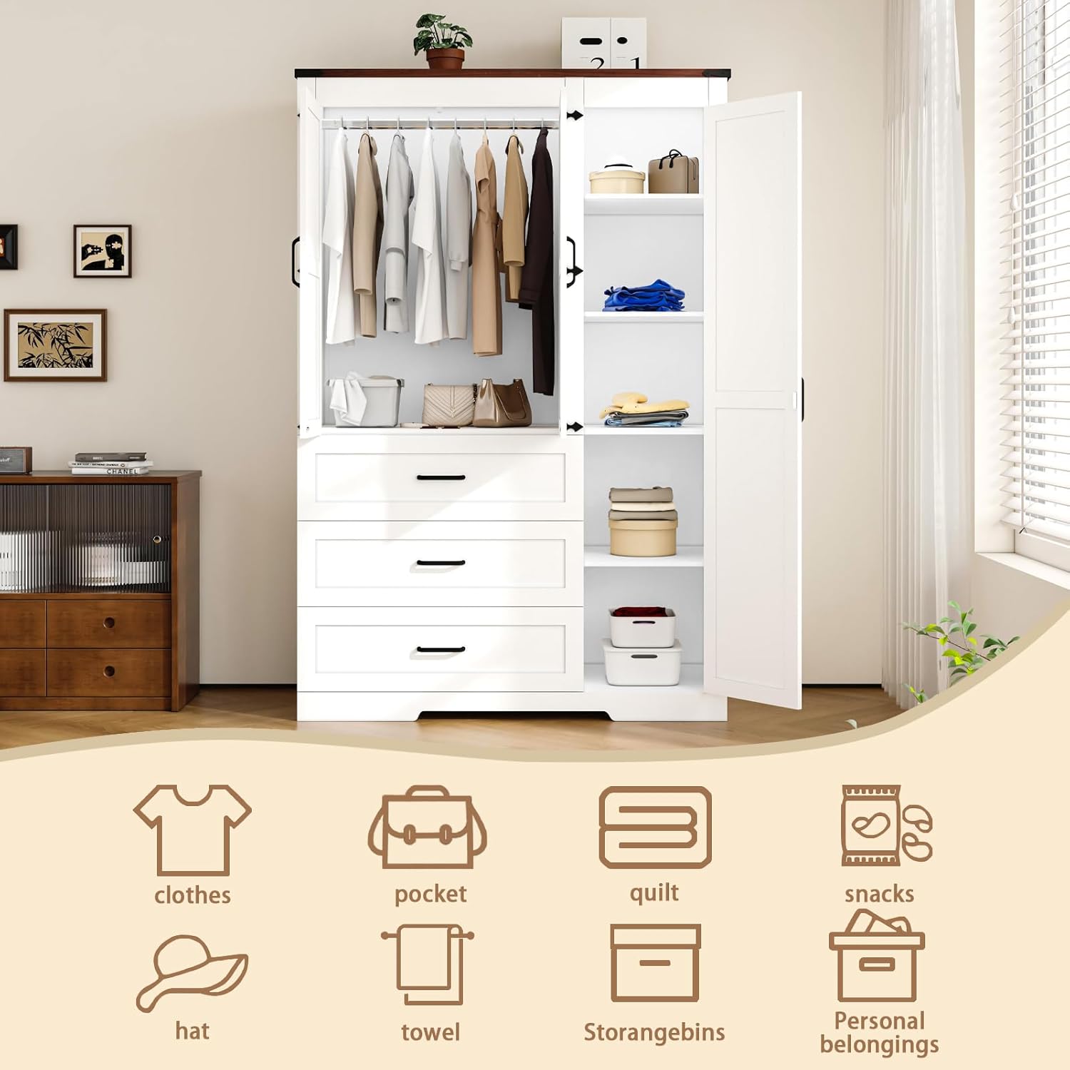 70" Tall Wardrobe Closet with 3 Doors & 3 Drawers, Farmhouse Armoire with Hanging Rod, Wooden Armoire Wardrobe Closet for Bedroom, Freestanding Clothing Storage Cabinet, White