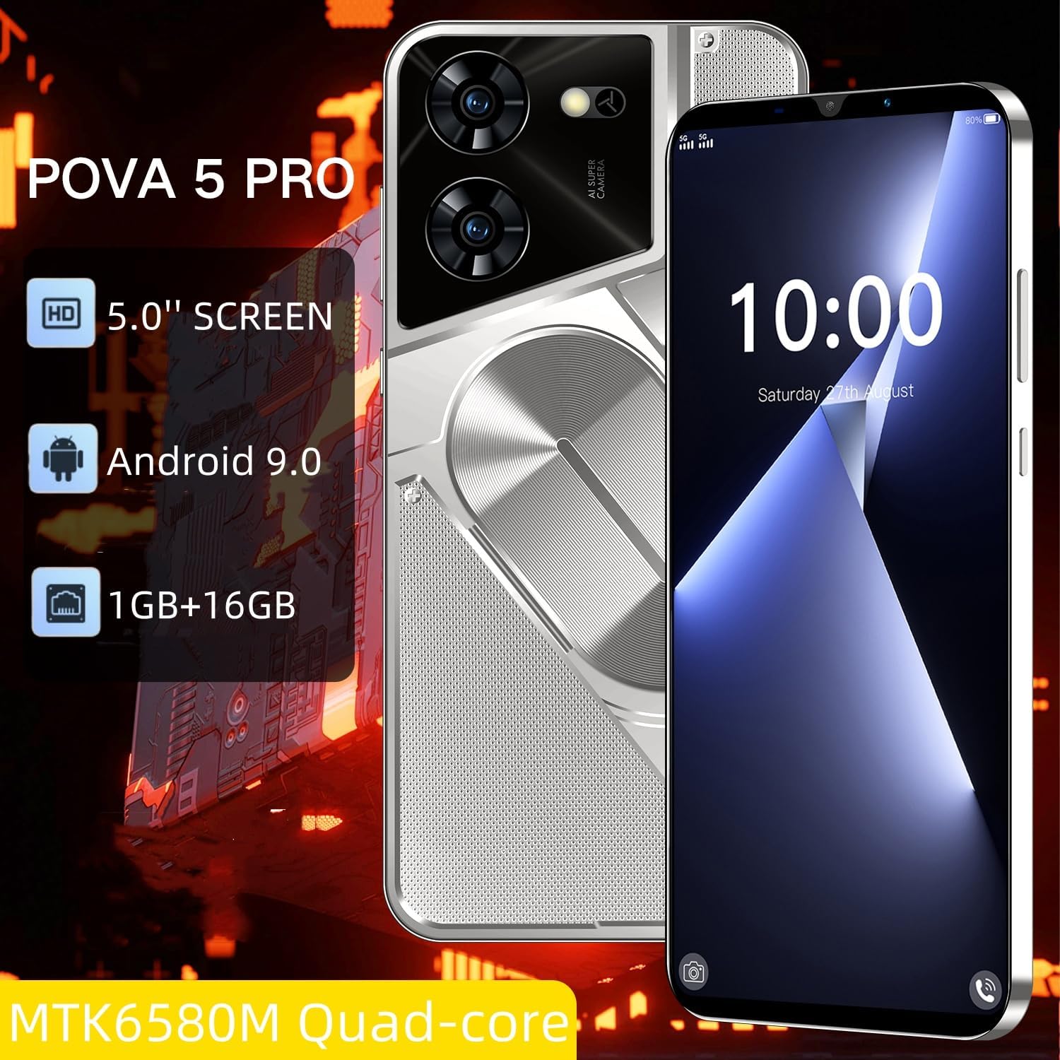 Teléfono económico, pantalla de 5,0 pulgadas, 16GB ampliable hasta 128GB, doble SIM desbloqueado, doble cámara, WIFI/Bluetooth/ID facial. Teléfono básico (Black)