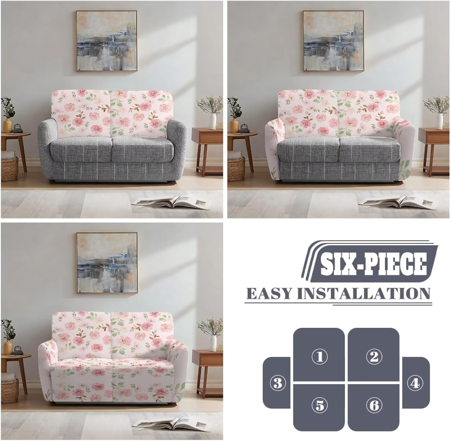 6 Pieces Floral Recliner Slipcovers for Loveseat Couch Super Stretch Soft Sofa Cover Anti Slip Sofa Slipcover Furniture Protector with Side Pockets for Lounge(Pink Flowers)