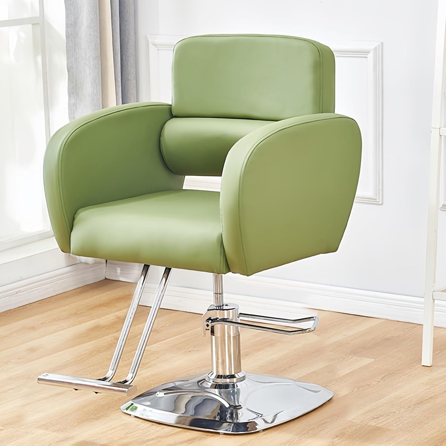 Sillón de Barbería Profesional de Cuero PU, Giratorio 360° Ajustable en Altura, hasta 150kg, Base Cromada Extragrande Estable, Impermeable y Fácil Limpieza(Green,Square Chassis)