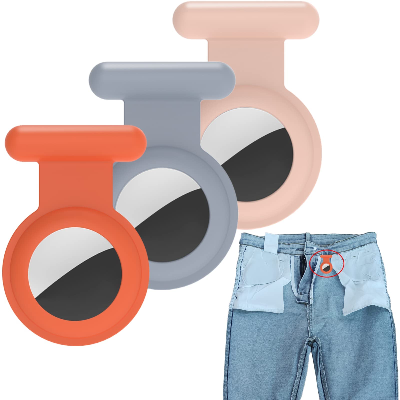 MAKINGTEC Hidden for Air Tag for Kids, Silicone Case for Airtag with Invisible Pin, Safer Than Bracelet Wristband Necklace Keychain (3 Packs, Pink & Orange & Grey)