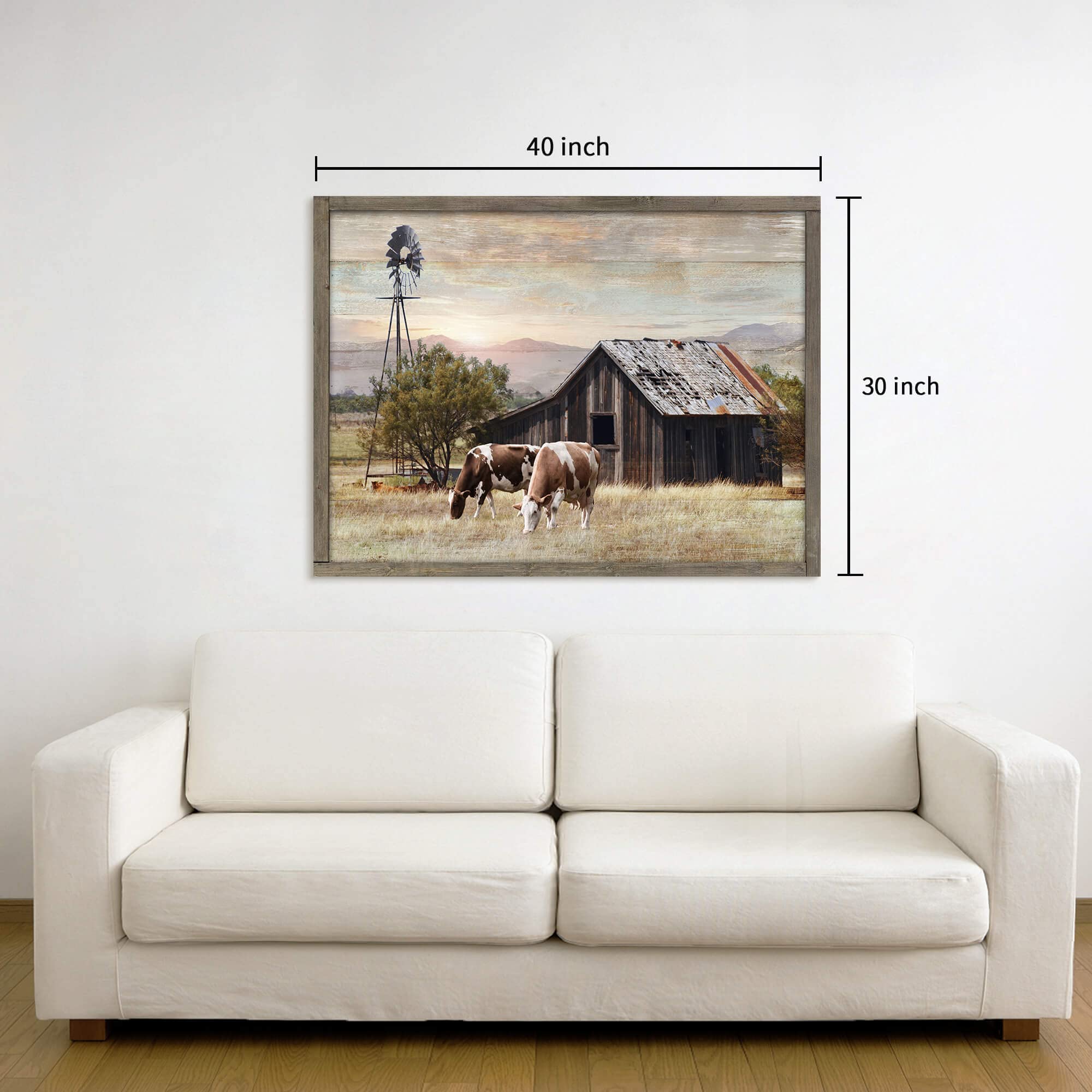 Rustic Wall Decor Barn Framed - Vintage Farmhouse Cow & Windmill Landscape Picture Artwork for Home and Kitchen