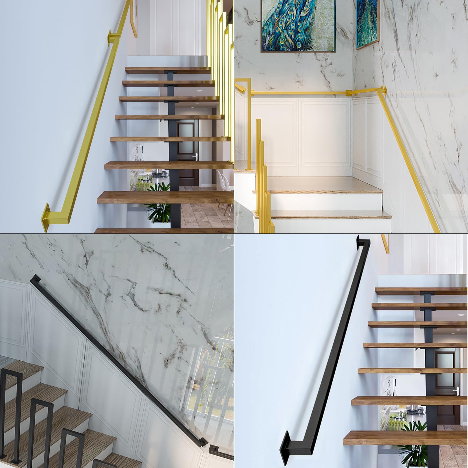 Pasamanos de Escalera Cuadrado, Barandilla Escalera Interiores, pasamanos de barandilla Hierro Industrial, Pasamanos de Metal para Montaje en Pared, Apto para escaleras Interiores y Exteriores