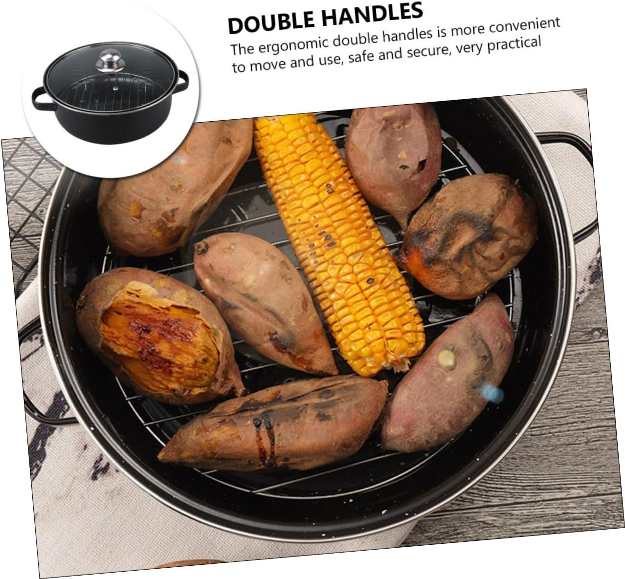 Multi-function Roaster Pan with Ergonomic Double Handles and Glass Lid Cooking Pot for Roasting Sweet Potatoes Meat and Vegetables Suitable for Garden Parties Camping and Everyday